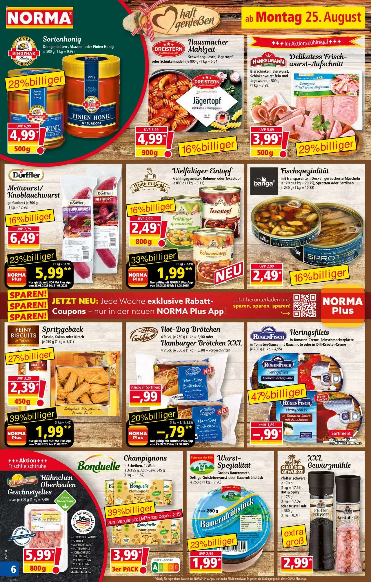 Norma Prospekt 	 - gültig ab dem 25.08.2025 | Seite: 6 | Produkte: Champignons, Gewürze, Pfeffer, Wurst