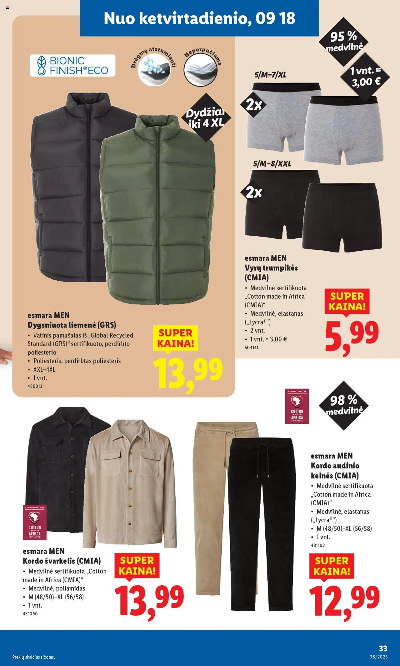 LIDL akcijos nuo 15.09.2025 | Puslapis: 33 | Prekių: Liemenė, Kelnes, Trumpikės