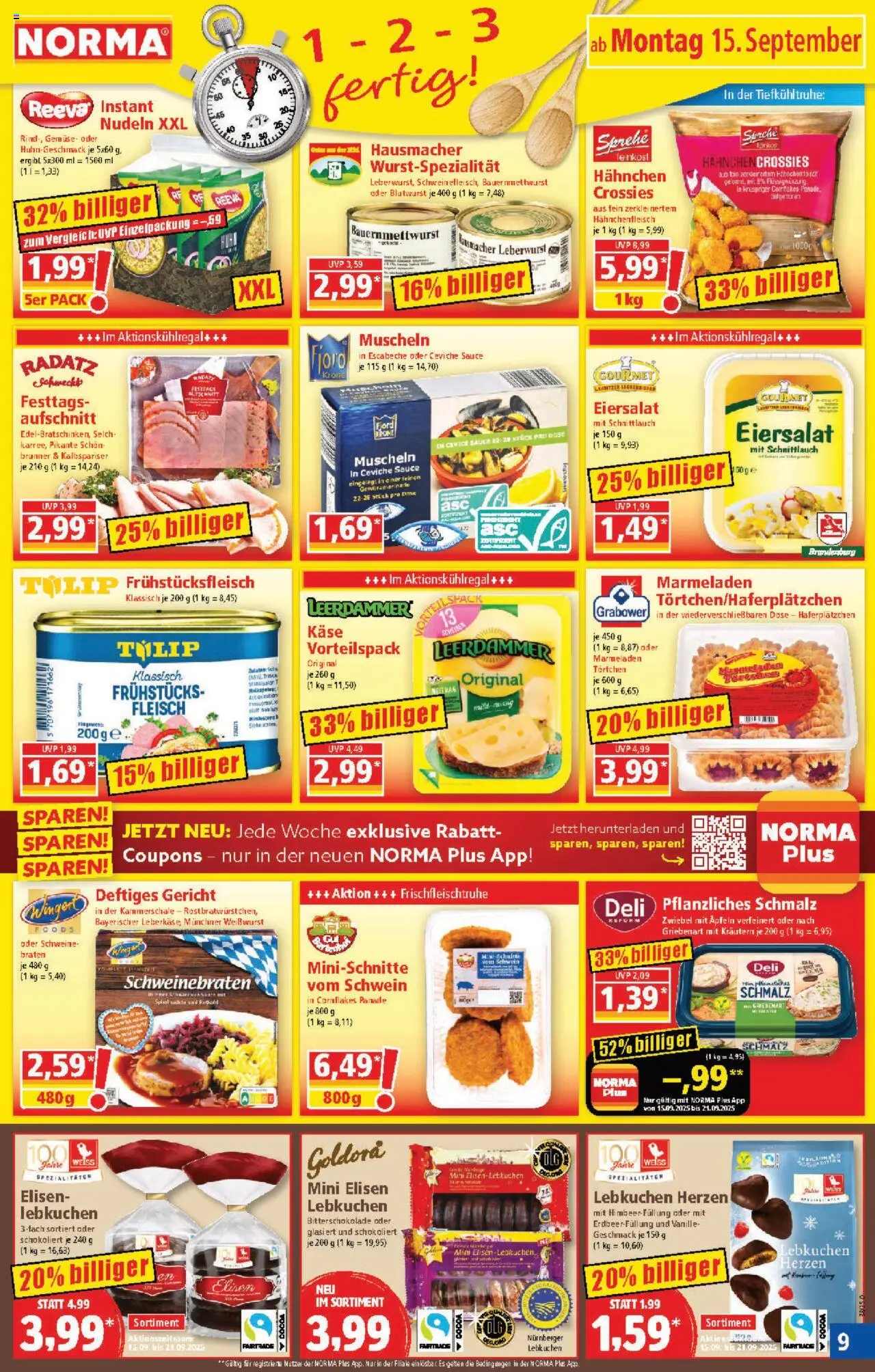 Norma Prospekt 	 – gültig ab 15.09.2025 | Seite: 9 | Produkte: Hahnchen, Gemüse, Nudeln, Leberkase