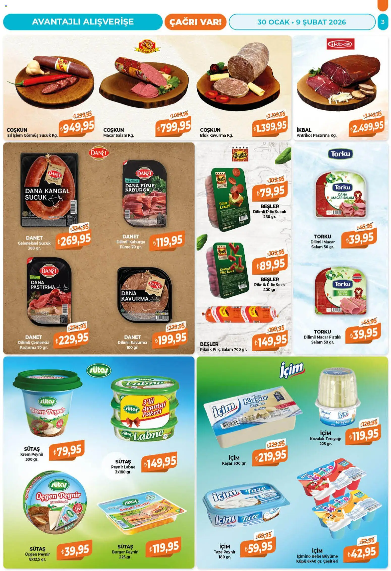 Çağrı Market Katalog - 30.01.2026 tarihinden itibaren geçerlidir | Sayfa: 3 | Ürünler: Tereyağı, Peynir, Salam, Sucuk