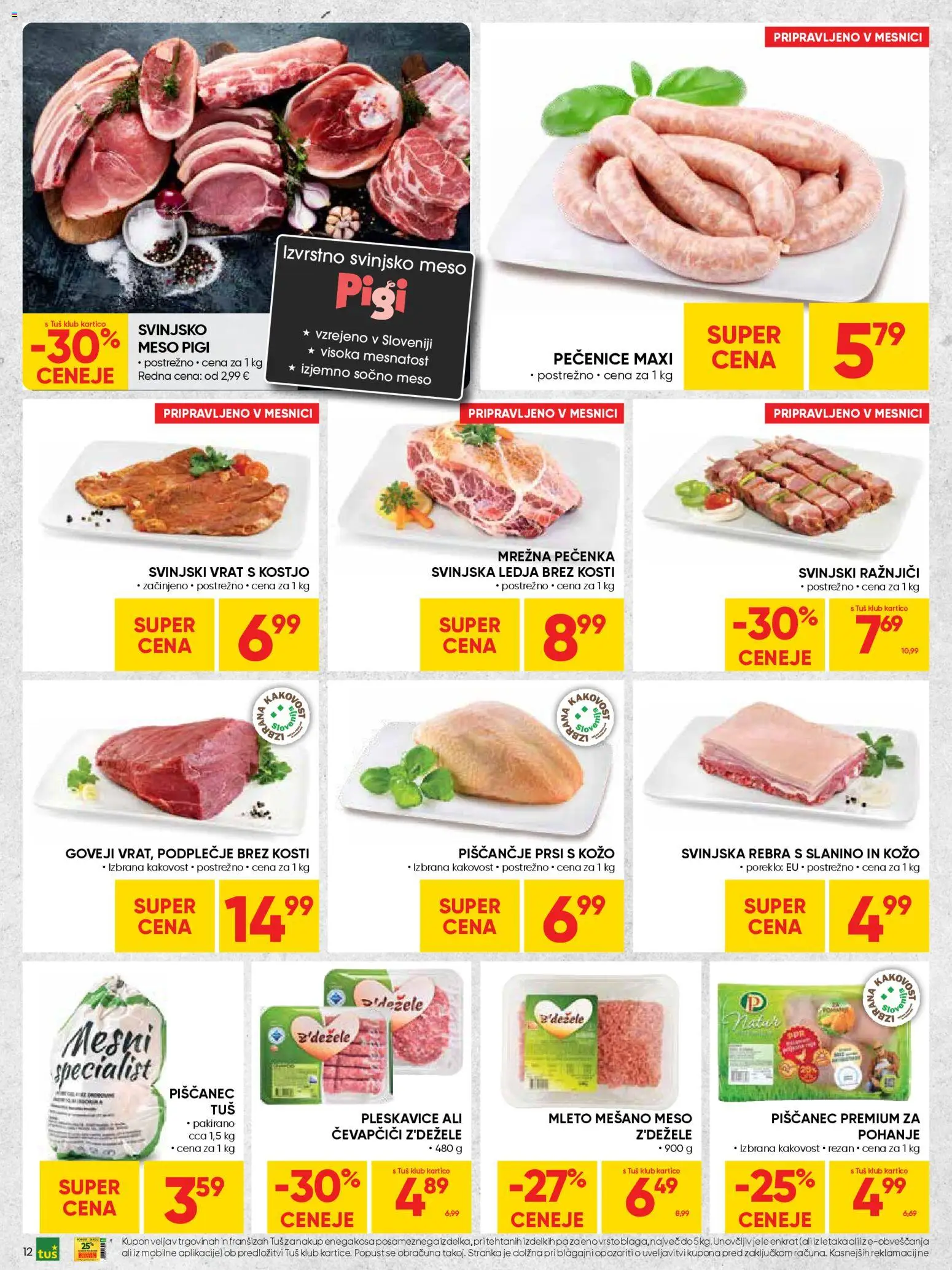 Novi Tuš katalog ponudbe – veljaven od 25.03.2026 | Stran: 12 | Izdelki: Čevapčiči, Ražnjiči, Pleskavice, Svinjsko meso