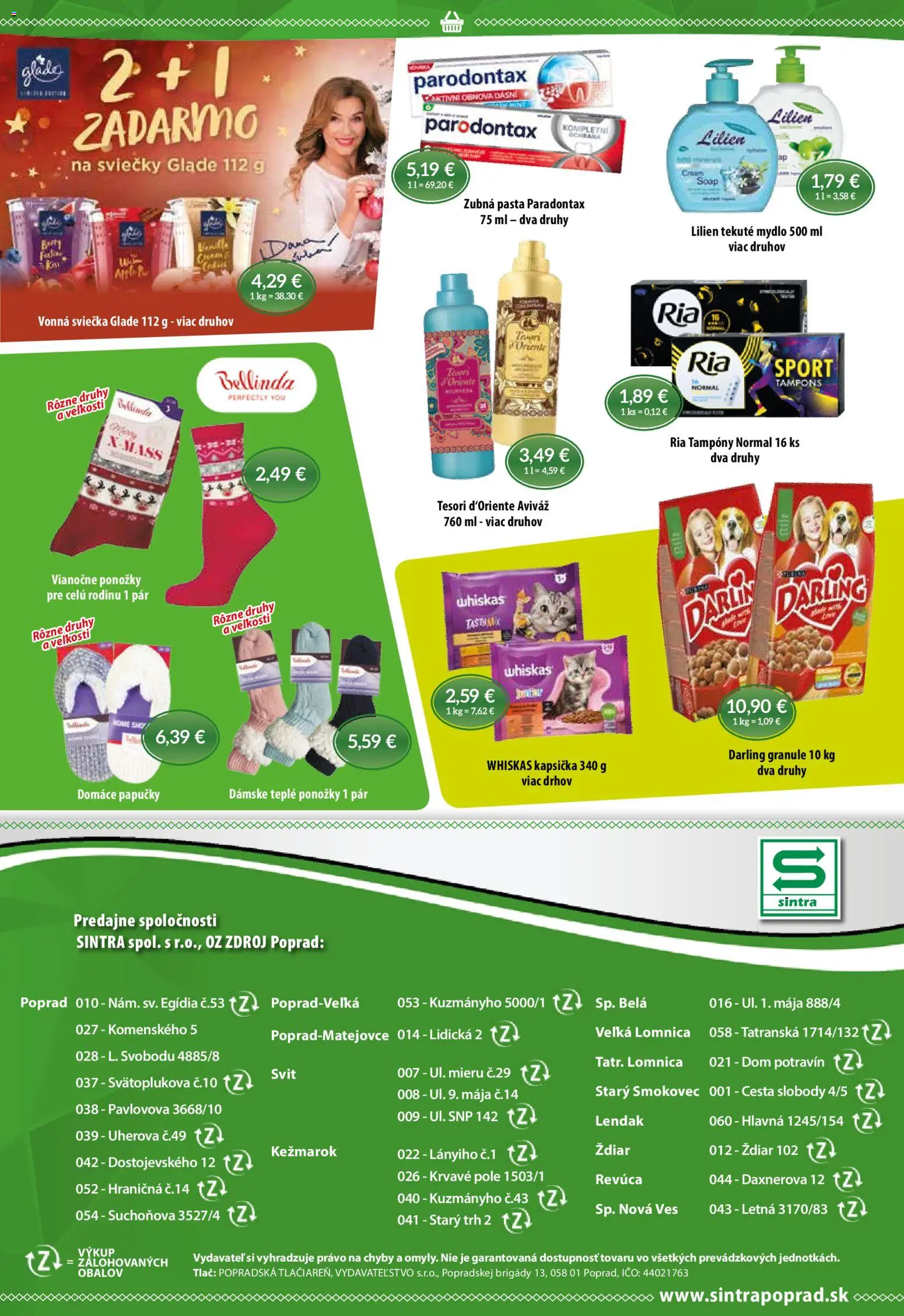 Nové Sintra akcie – leták je platný od 18.12.2025 | Strana: 10 | Produkty: Darling granule, Zubná pasta, Sviečky, Whiskas