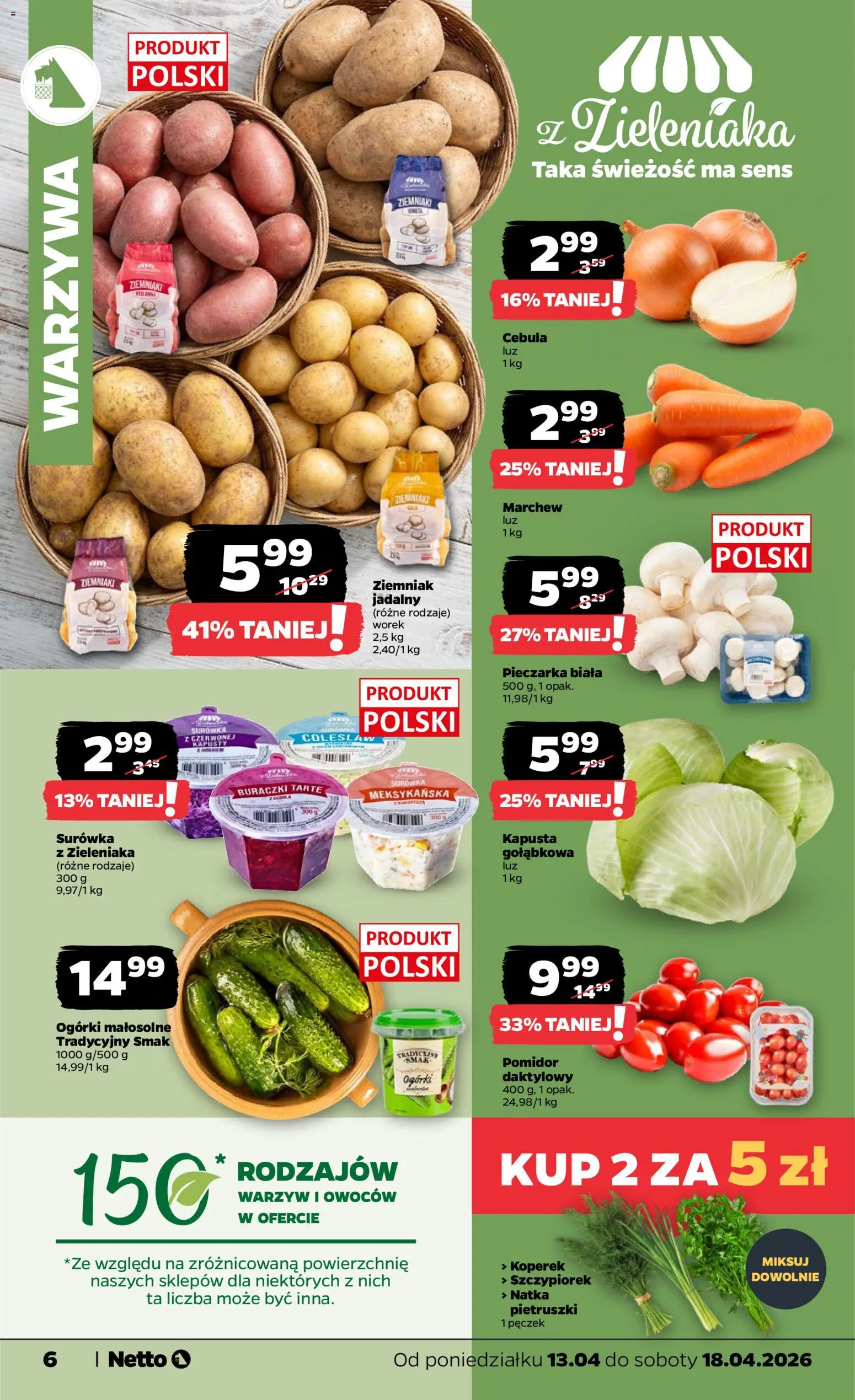 Netto gazetka od poniedziałku spożywcza od 13.04.2026 | Strona: 6 | Produkty: Kapusta, Koperek, Ogórki, Warzywa