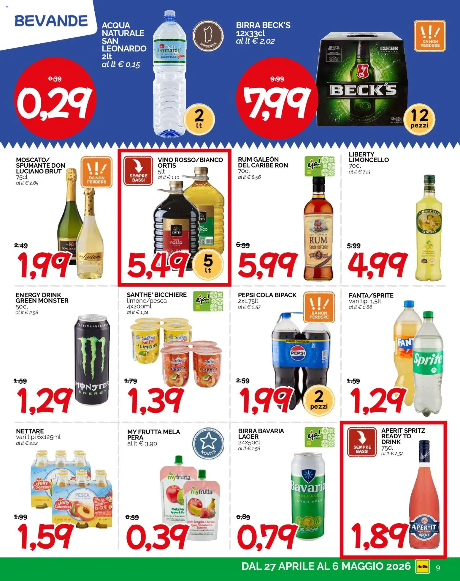 Volantino HarDis del 27.04.2026 | Pagina: 9 | Prodotti: Pera, Spumante, Acqua naturale, Limoncello