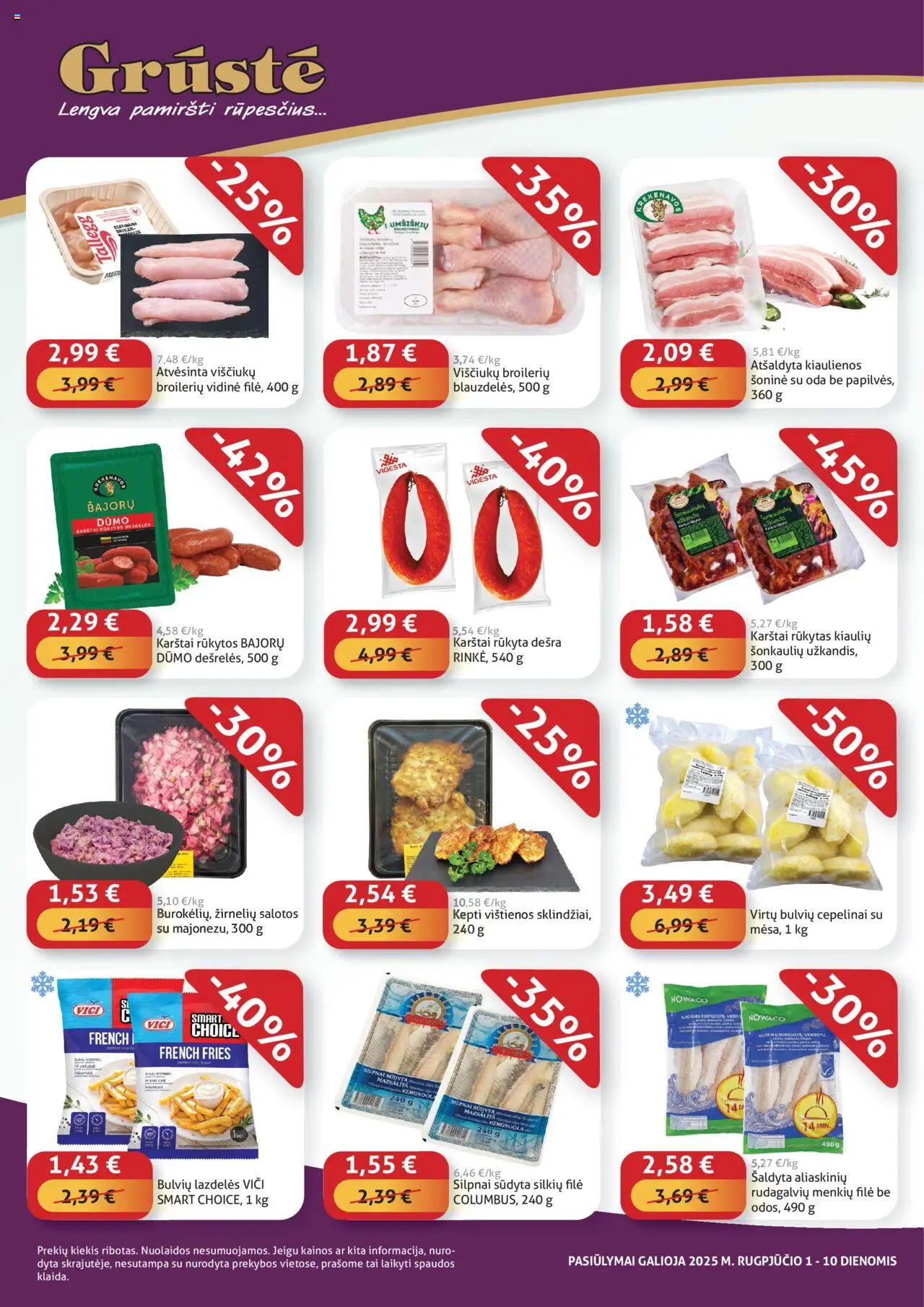 GRUSTE - Leidinys - Pigiau nerasi│galioja nuo 01.08.2025 | Puslapis: 2 | Prekių: Salotos, Vištienos, Dešrelės, Dešra