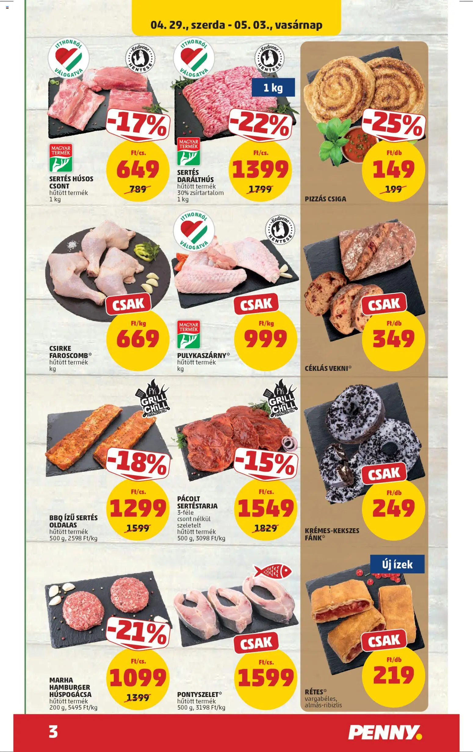PENNY akciós ujság - amely érvényes a következő dátumtól: 29.04.2026 | Oldal: 3 | Termékek: Hamburger, Fánk, Grill, Pizza