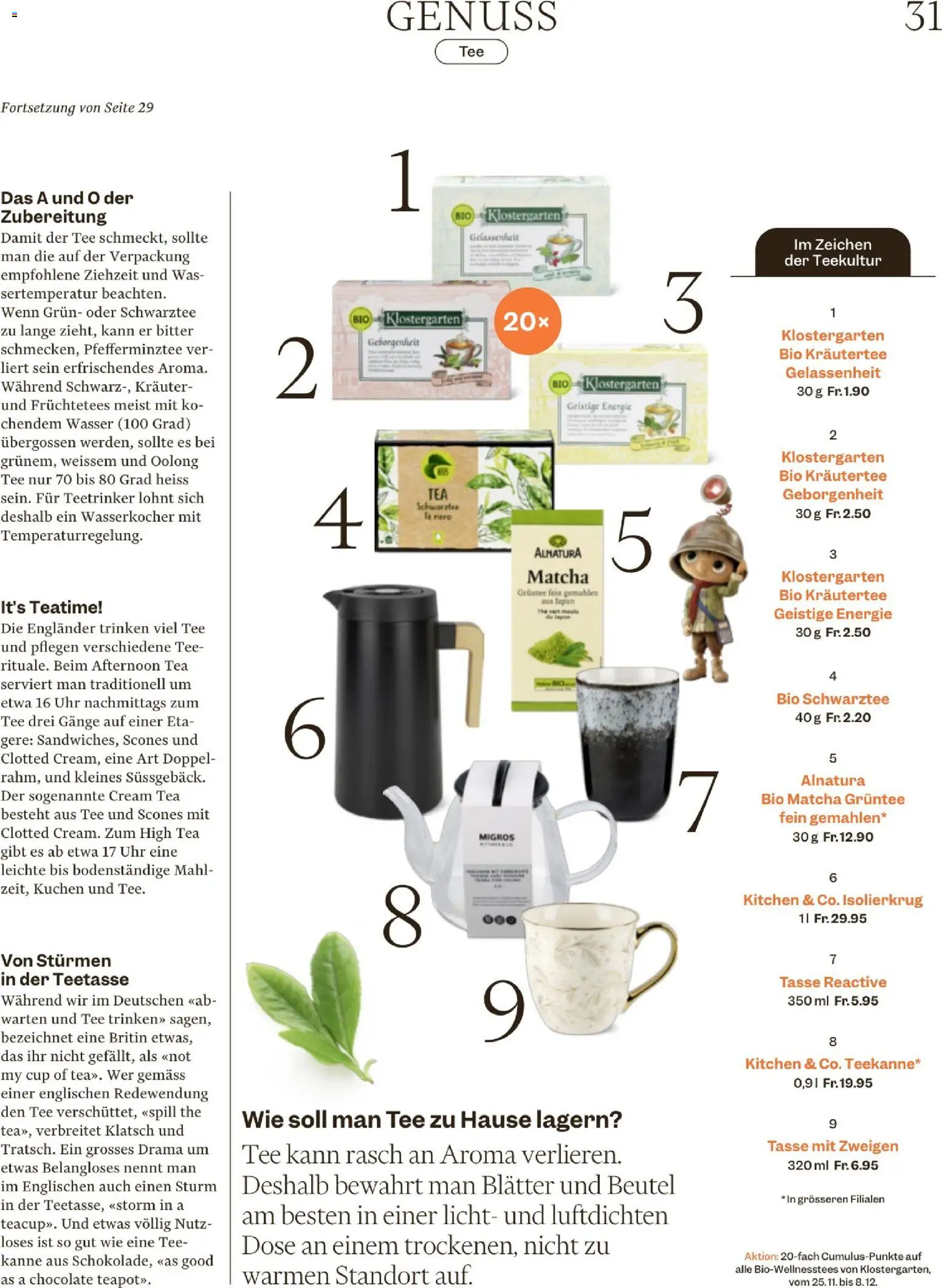 Migros Magazin – gültig ab 24.11.2025 | Seite: 31 | Produkte: Tee, Wasser, Uhr, Wasserkocher