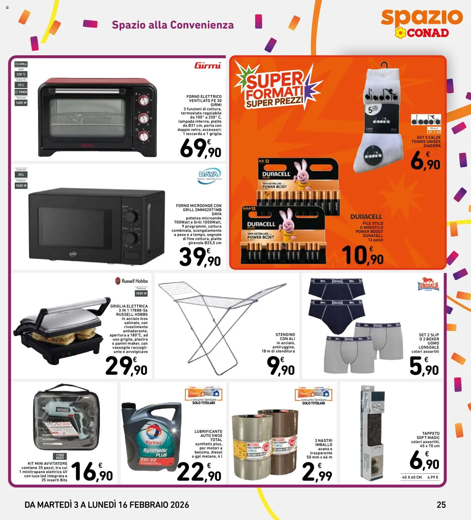 Volantino Spazio Conad del 03.02.2026 | Pagina: 25 | Prodotti: Pile, Boxer, Griglia, Lampada