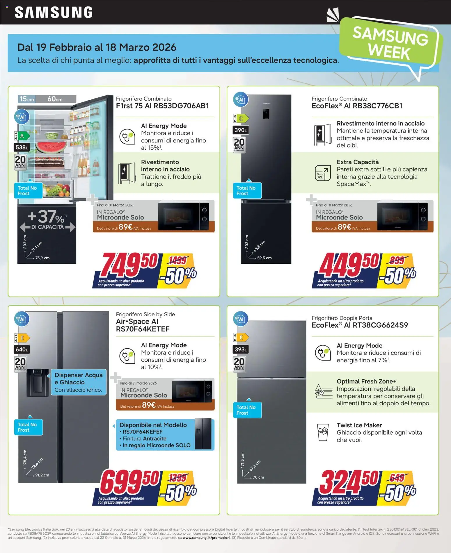 Volantino Trony del 19.02.2026 | Pagina: 10 | Prodotti: Microonde, Acqua, Frigorifero combinato, Samsung