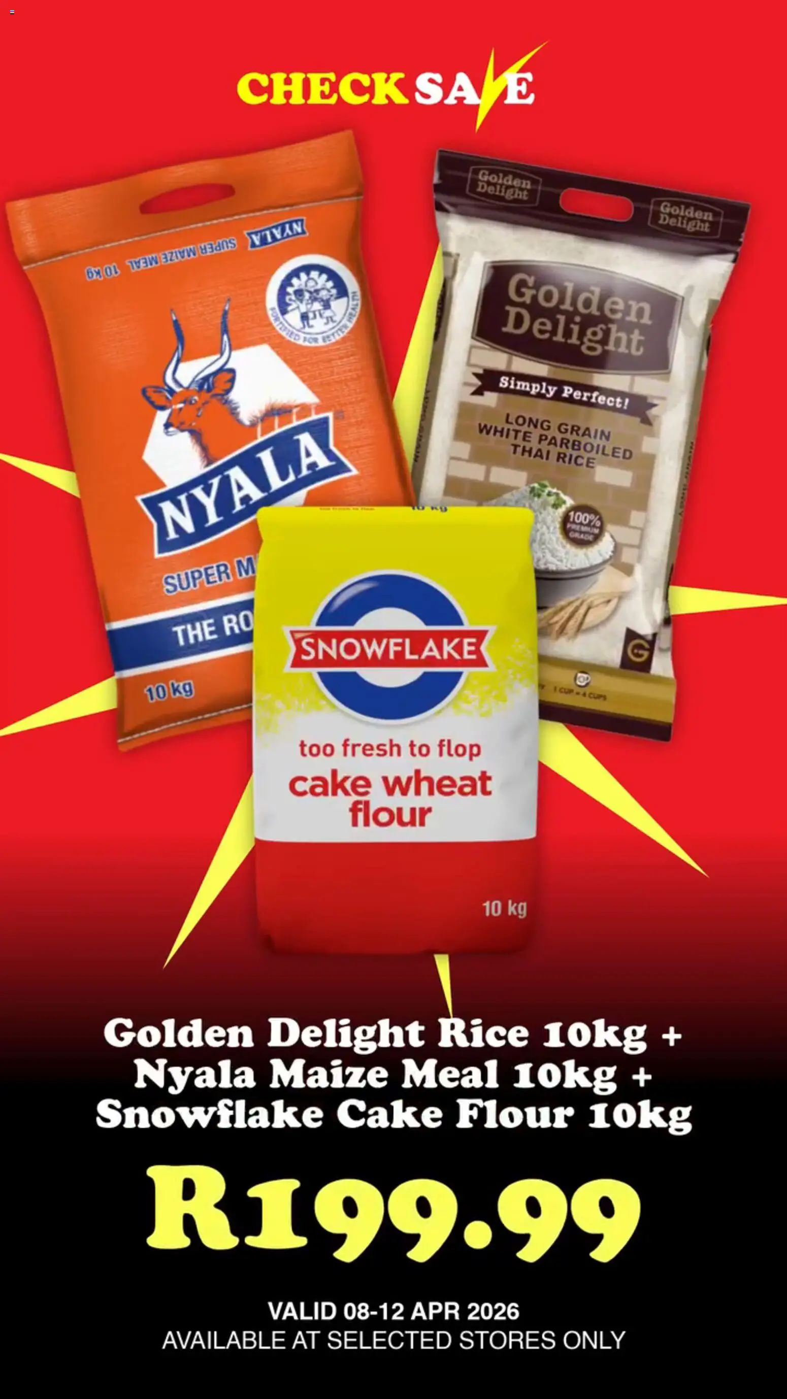 New Check Save catalogue – valid from 08.04.2026 | Page: 1 | Products: Cake, Flour, Maize meal, Rice