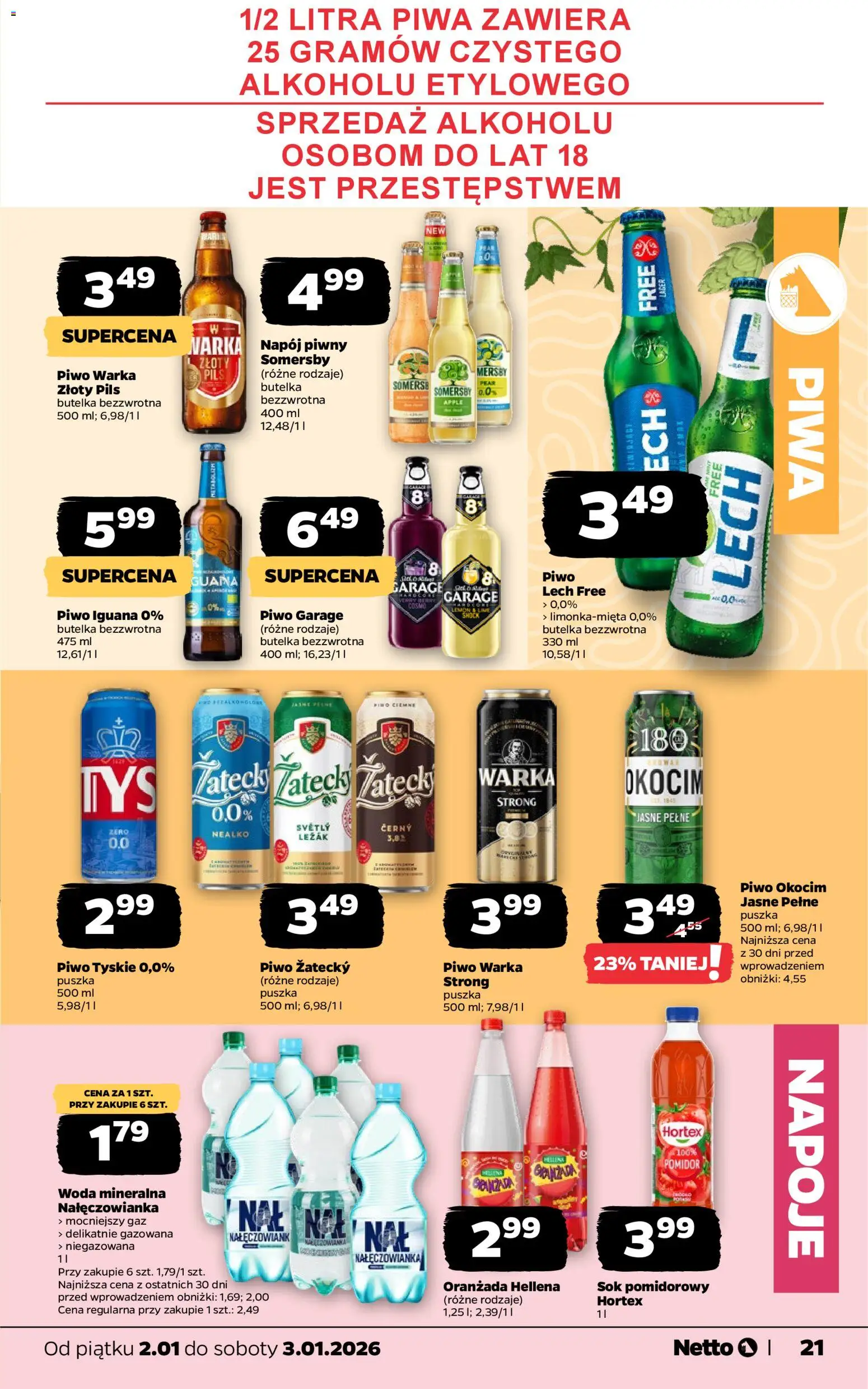 Netto gazetka - Spożywcza od 02.01.2026 | Strona: 21 | Produkty: Napoje, Leżak, Tyskie, Woda