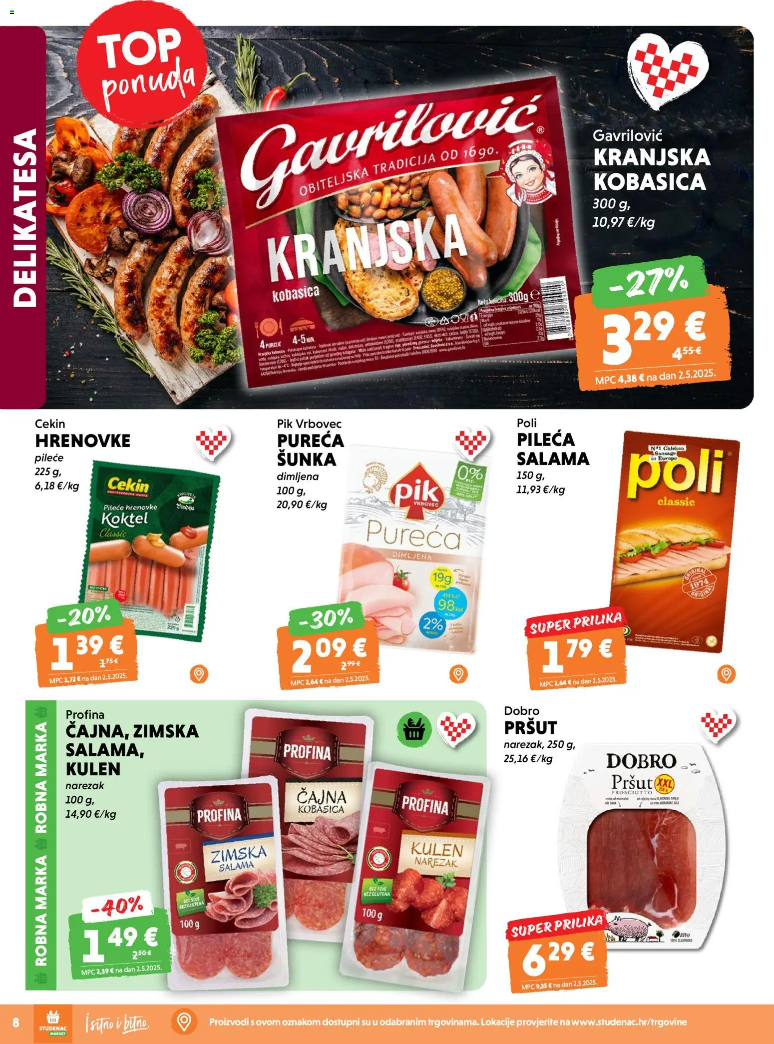 Studenac katalog | vrijedi od 22.04.2026 | Stranica: 8 | Proizvodi: Salama, Šunka, Pršut, Kobasica