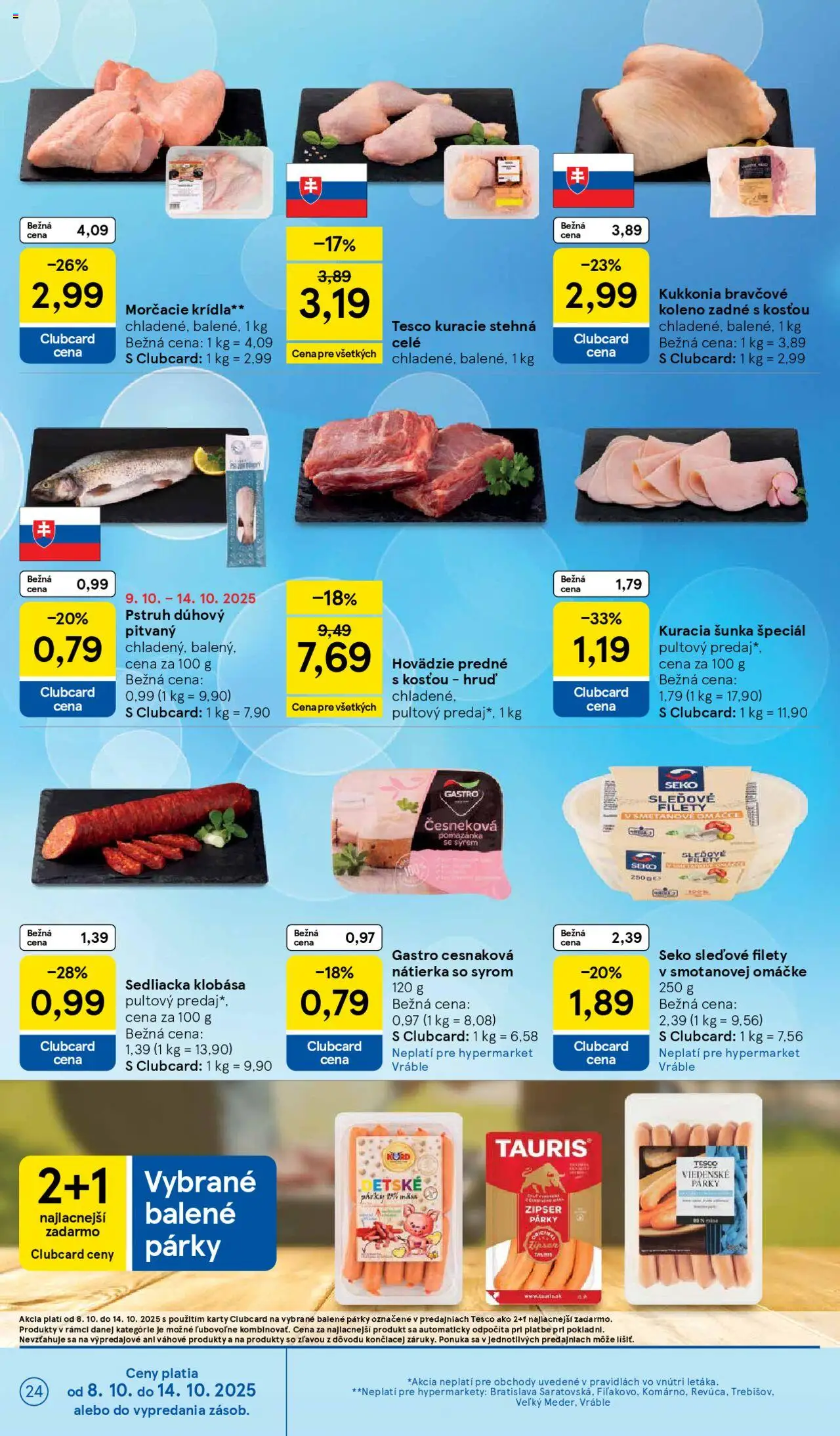 Nové Tesco akcie – leták je platný od 08.10.2025 | Strana: 24 | Produkty: Klobása, Pstruh, Kuracie stehná, Párky