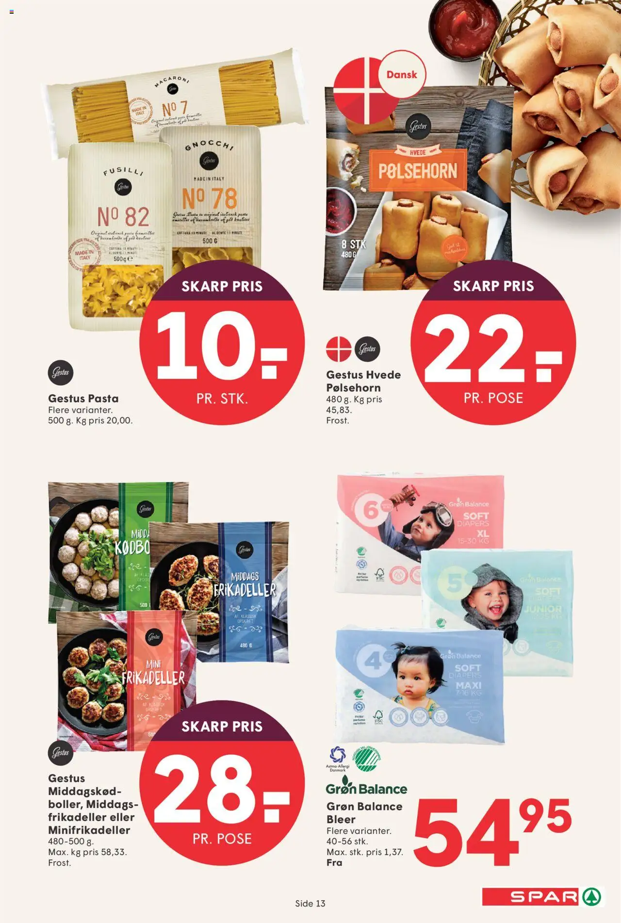 Spar tilbudsavis – gyldig fra 19.09.2025 | Side: 13 | Produkter: Pølsehorn, Pasta, Is, Frikadeller