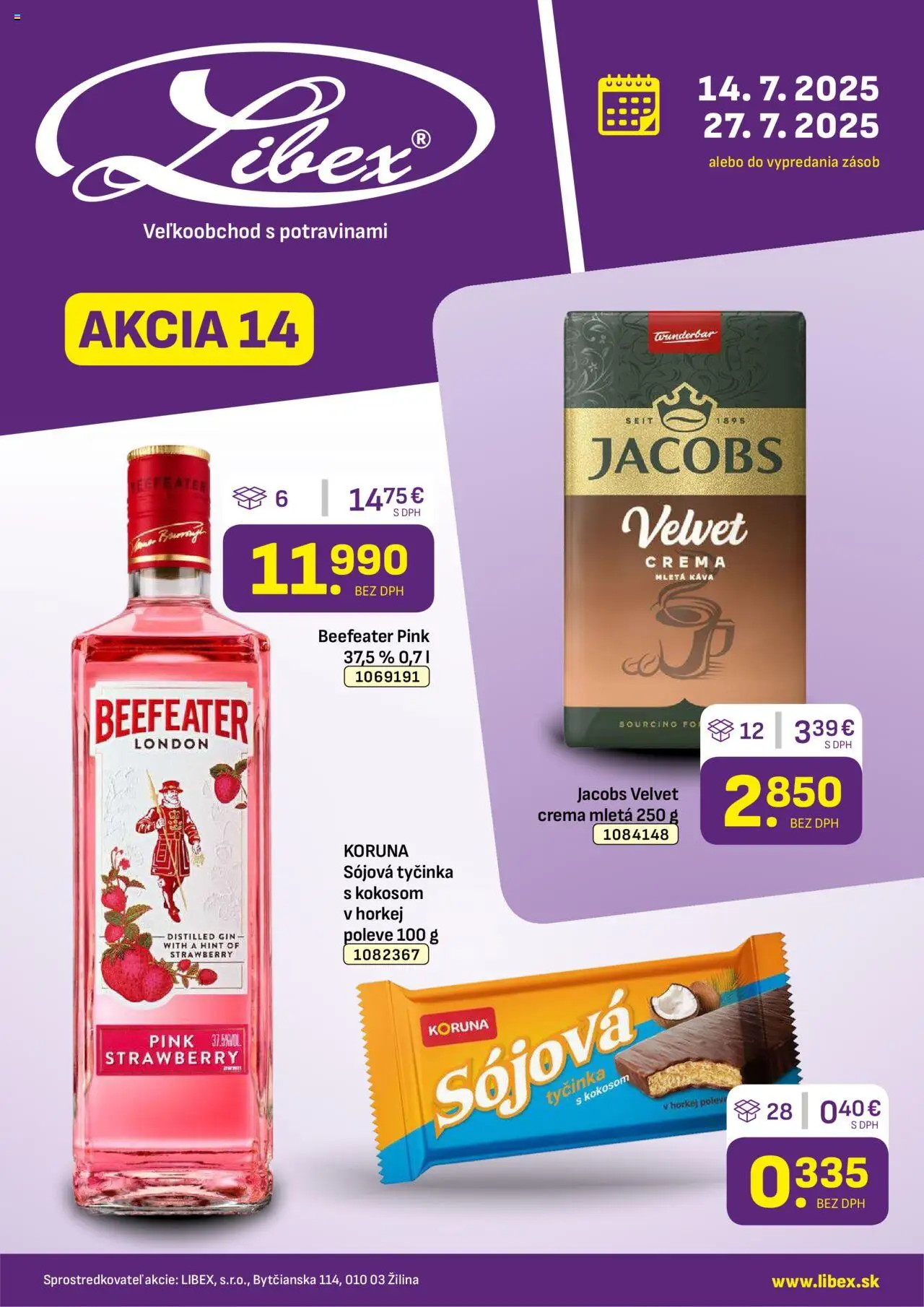 Libex leták │ platný od 14.07.2025 | Strana: 1 | Produkty: Jacobs Velvet, Beefeater, Káva, Gin