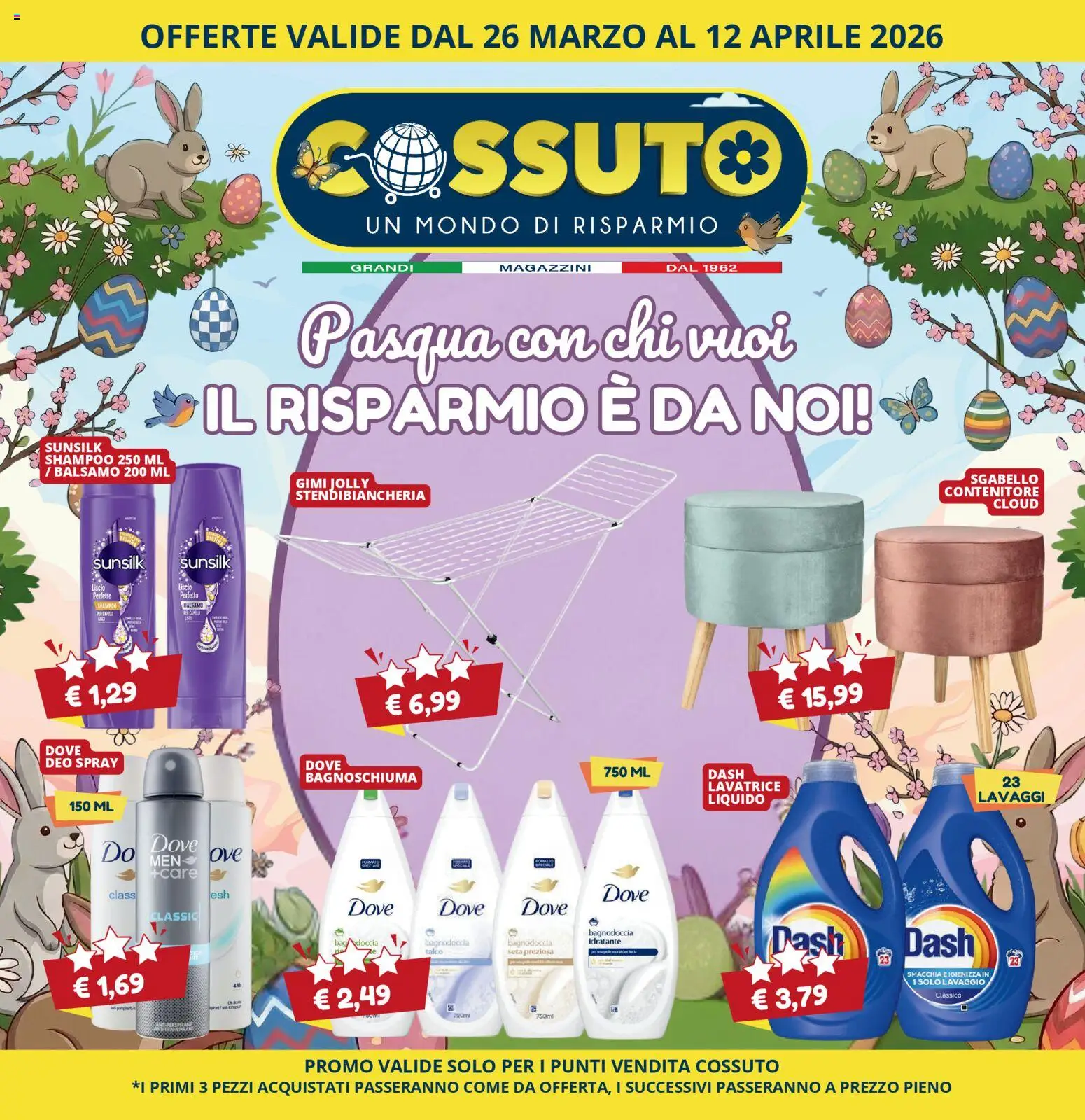 Volantino Cossuto del 26.03.2026 | Pagina: 1 | Prodotti: Balsamo, Bagnoschiuma, Lavatrice, Sgabello