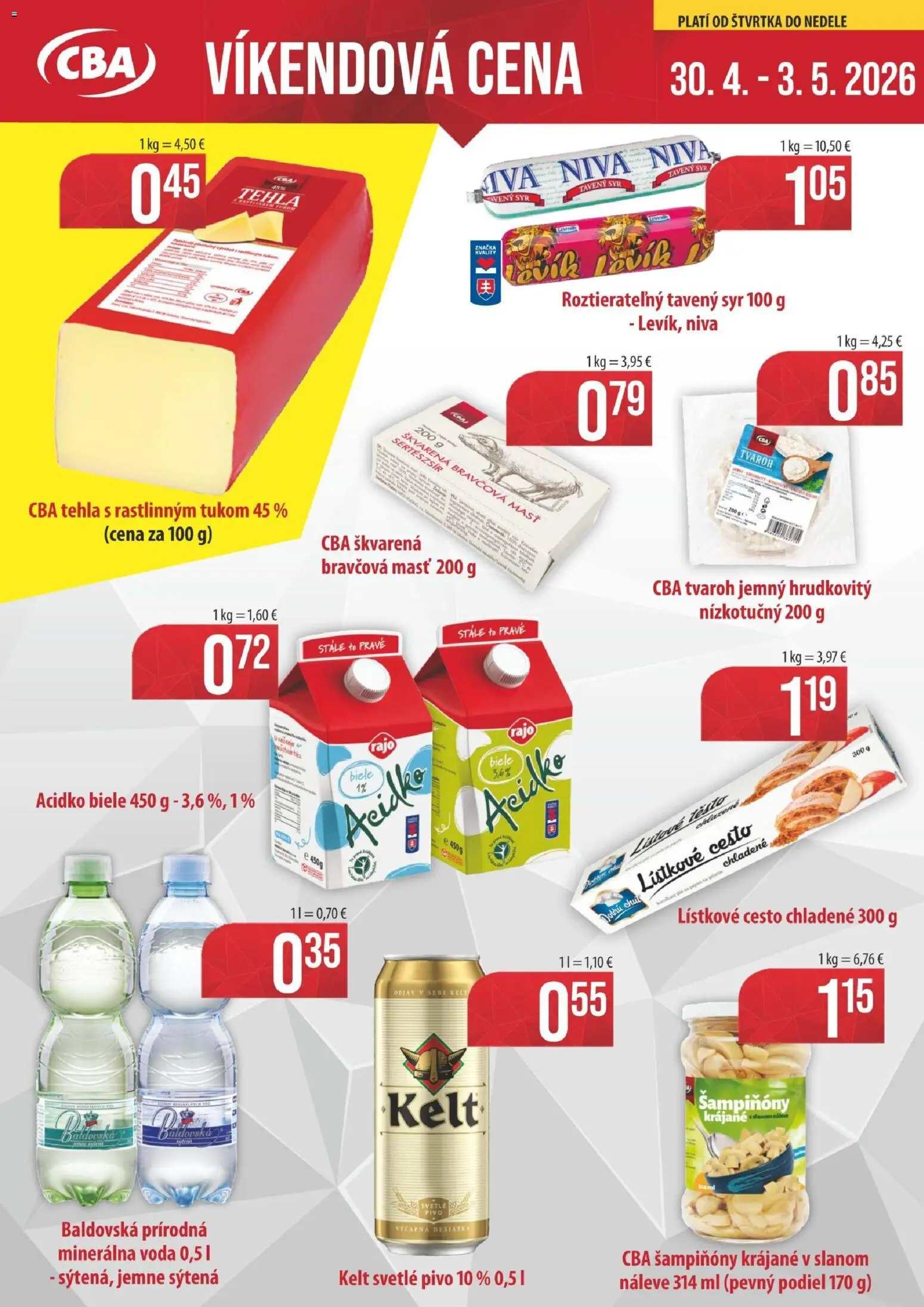 Nové KARMEN CBA akcie – leták je platný od 30.04.2026 | Strana: 1 | Produkty: Pivo, Voda, Minerálna voda, Acidko