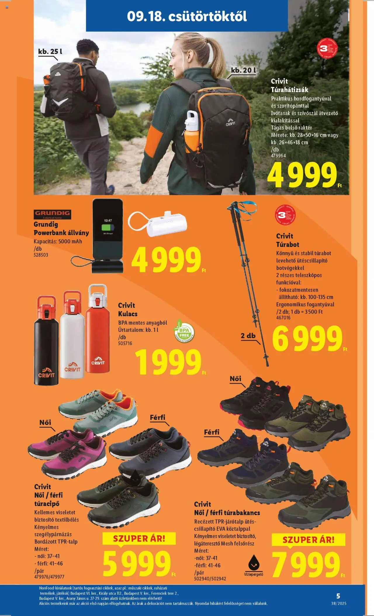 Lidl akciós ujság - amely érvényes a következő dátumtól: 18.09.2025 | Oldal: 5 | Termékek: Powerbank, Túracipő, Játékok, Kulacs