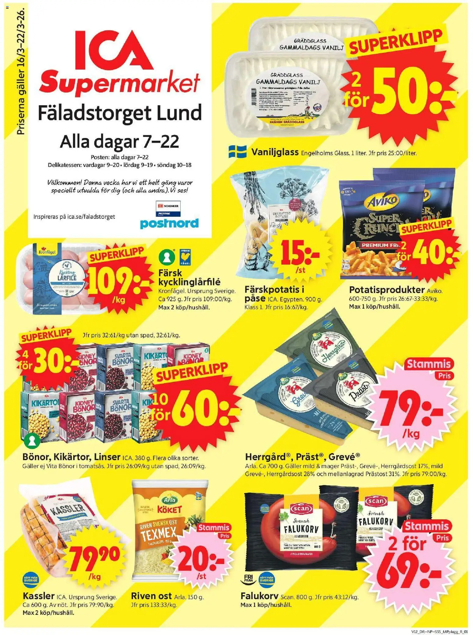 ICA Supermarket reklamblad aktuell från 16.03.2026 | Sida: 1 | Produkter: Färskpotatis, Kassler, Ost, Fräs