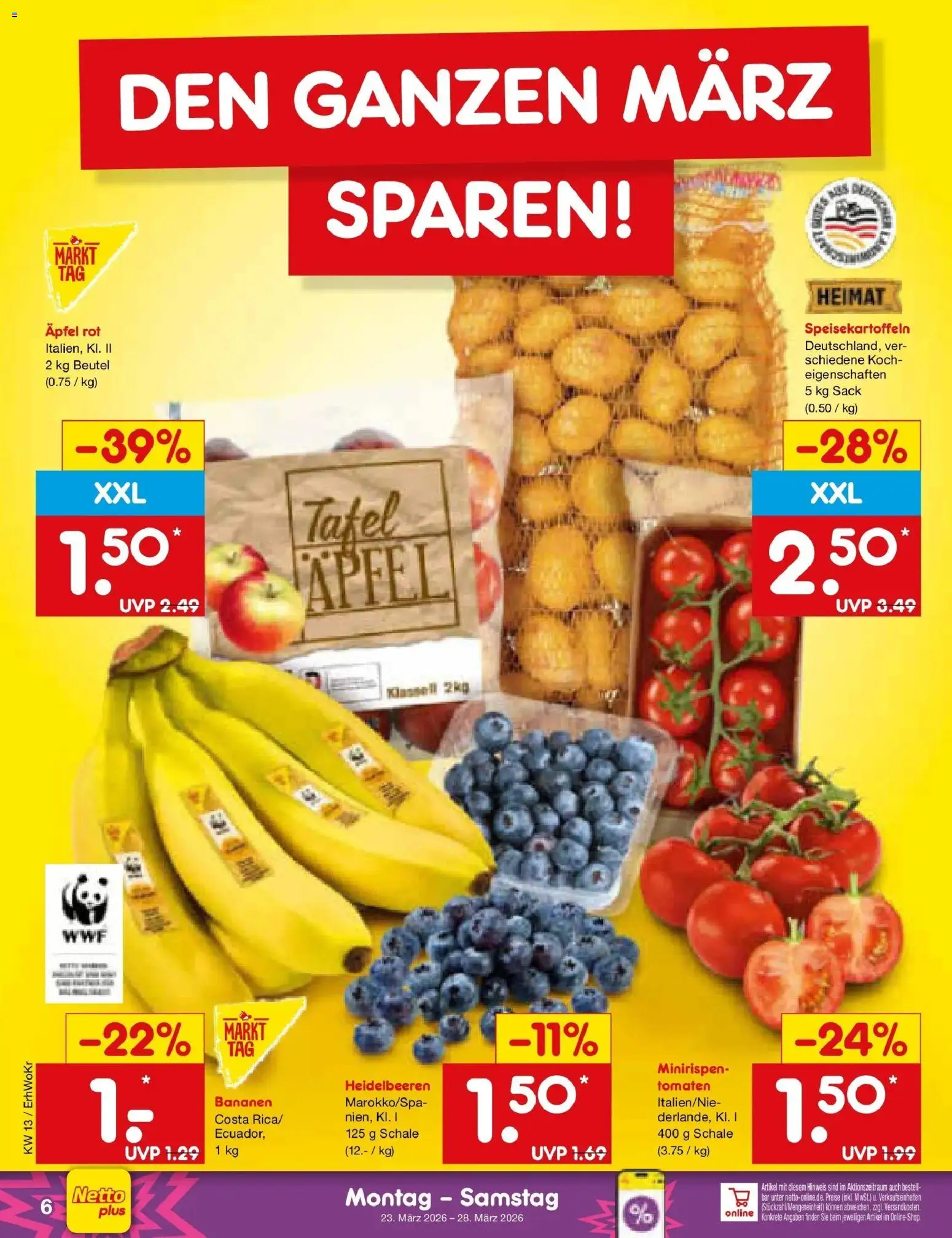 Netto Marken-Discount Prospekt Jüchen	 – gültig ab 23.03.2026 | Seite: 6 | Produkte: Äpfel, Bananen, Tomaten, Heidelbeeren