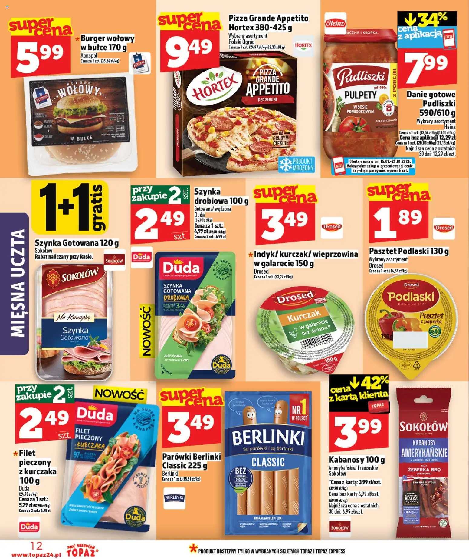Topaz Gazetka MAZ od 15.01.2026 | Strona: 12 | Produkty: Kurczak, Kabanosy, Szynka, Papryka