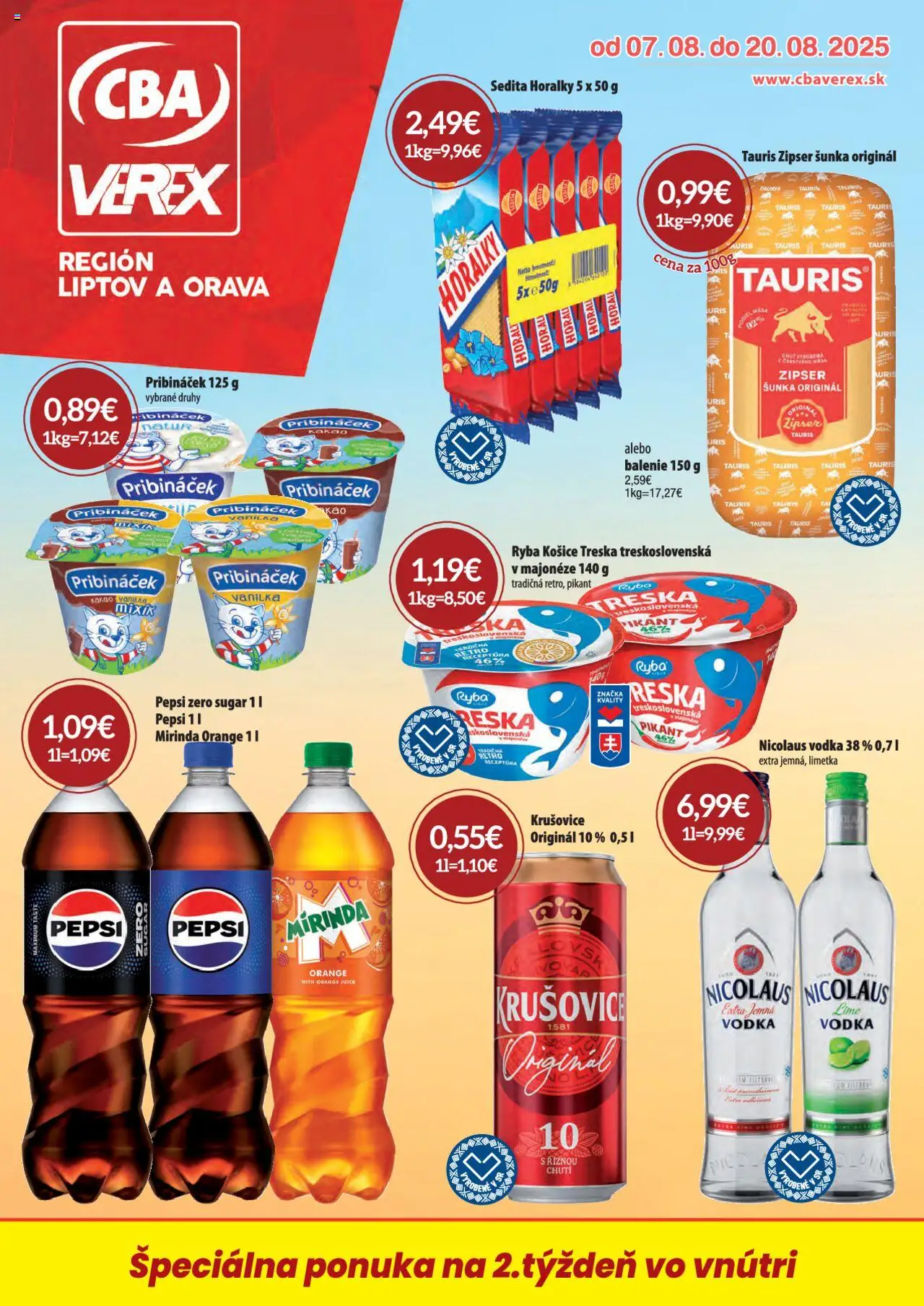 CBA Verex leták │ platný od 07.08.2025 | Strana: 1 | Produkty: Ryba, Mirinda, Treska, Horálky