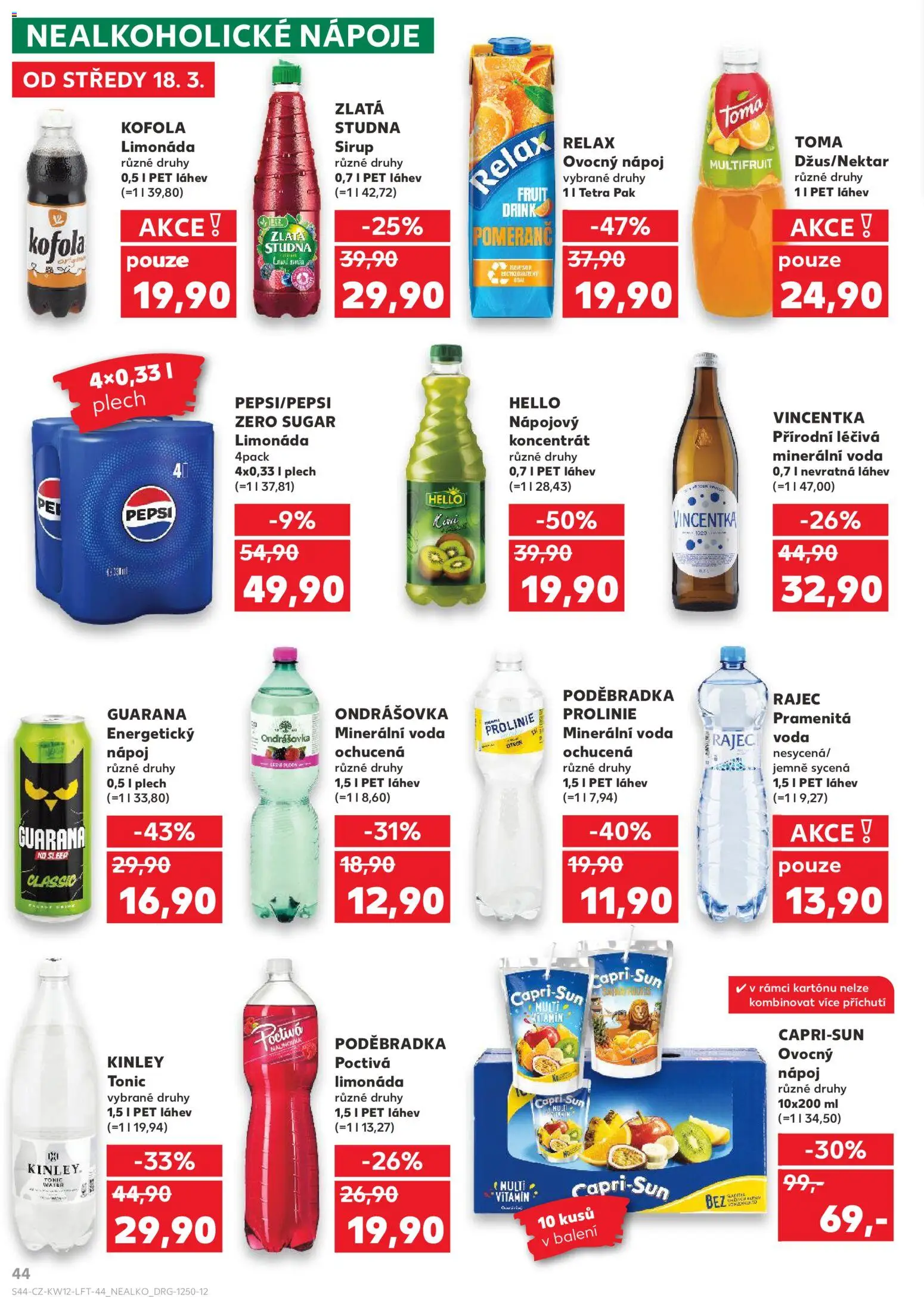 Kaufland leták - Ostrava od 18.03.2026 | Strana: 44 | Produkty: Poděbradka, Energetický nápoj, Kofola, Kinley Tonic