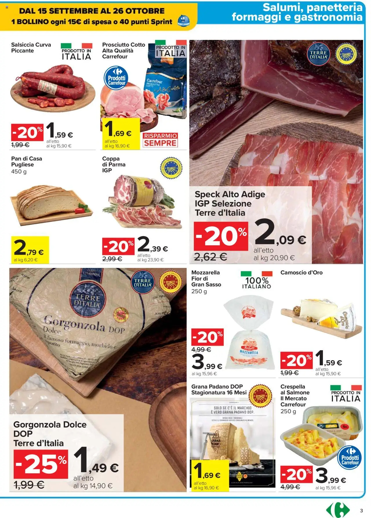 Volantino Carrefour del 02.10.2025 | Pagina: 3 | Prodotti: Speck, Prosciutto Cotto, Salmone, Gorgonzola