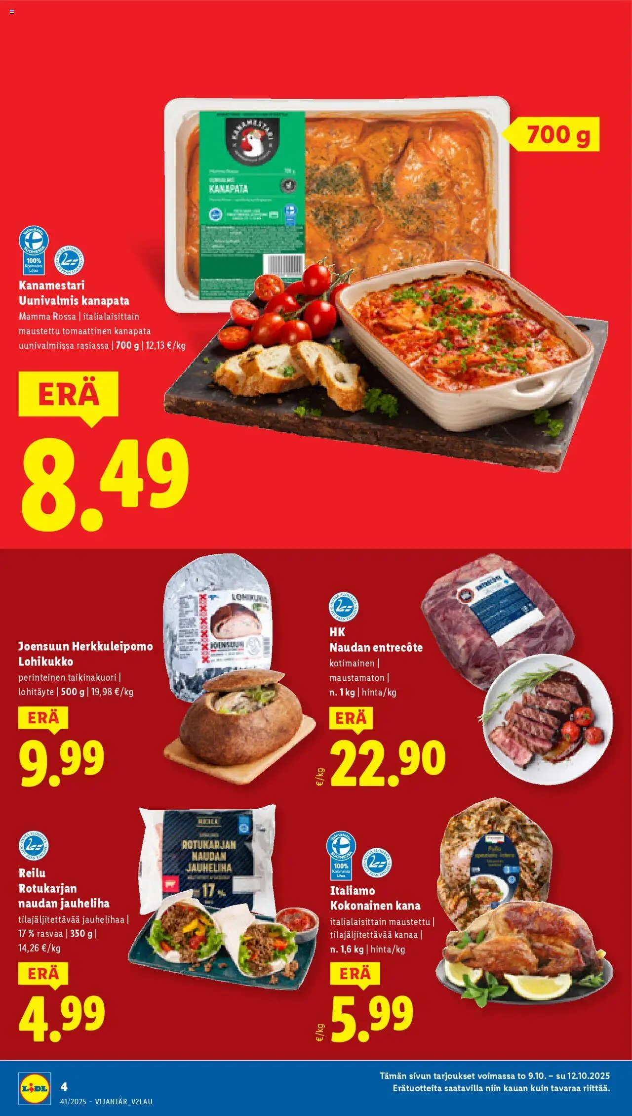 Lidl tarjoukset - Tampere – voimassa 09.10.2025 alkaen | Sivu: 6 | Tuotteet: Kokonainen, Jauheliha, Kana, Entrecote