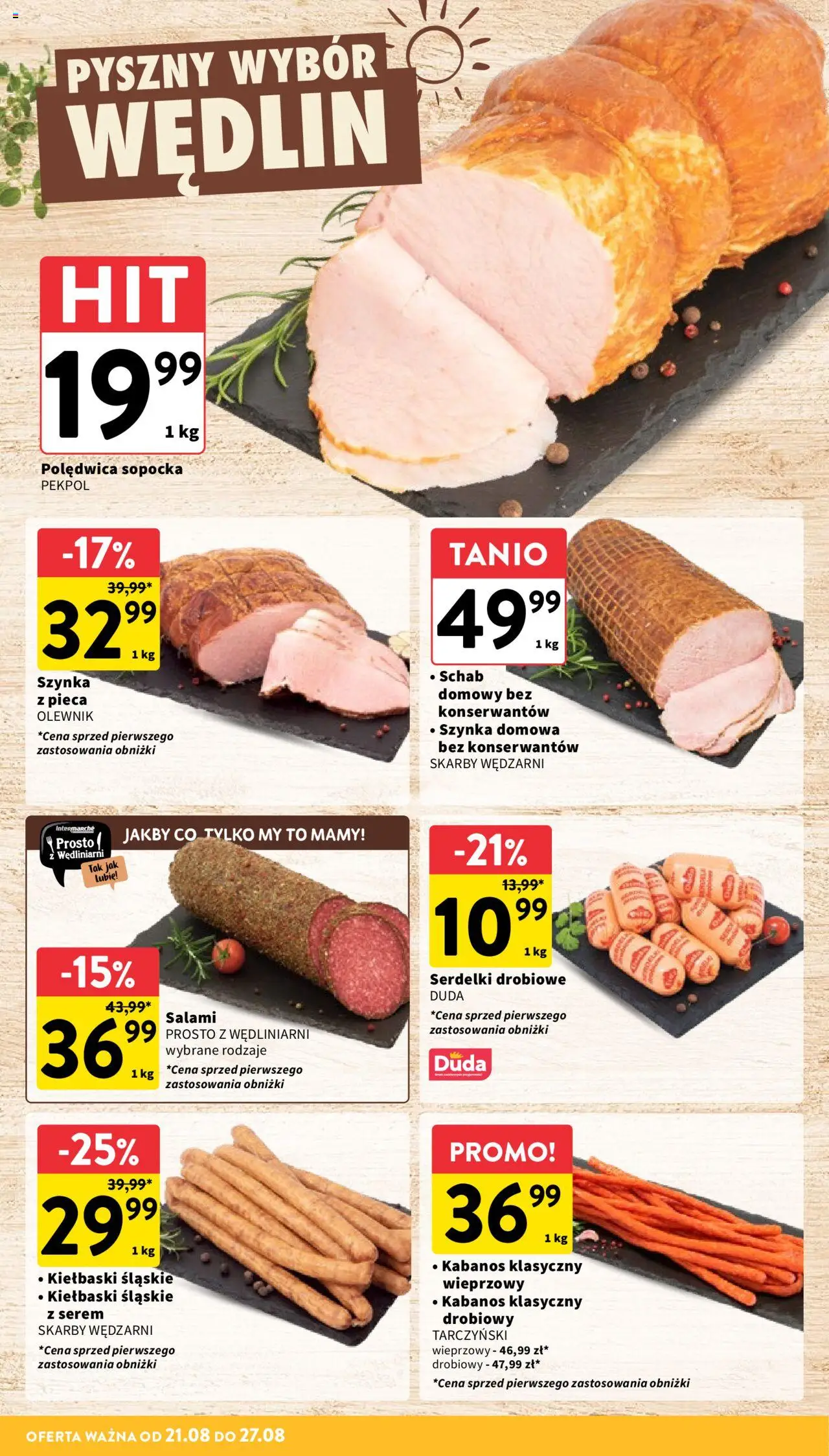 Intermarche Gazetka od 21.08.2025 | Strona: 14 | Produkty: Schab, Kiełbaski, Szynka, Salami