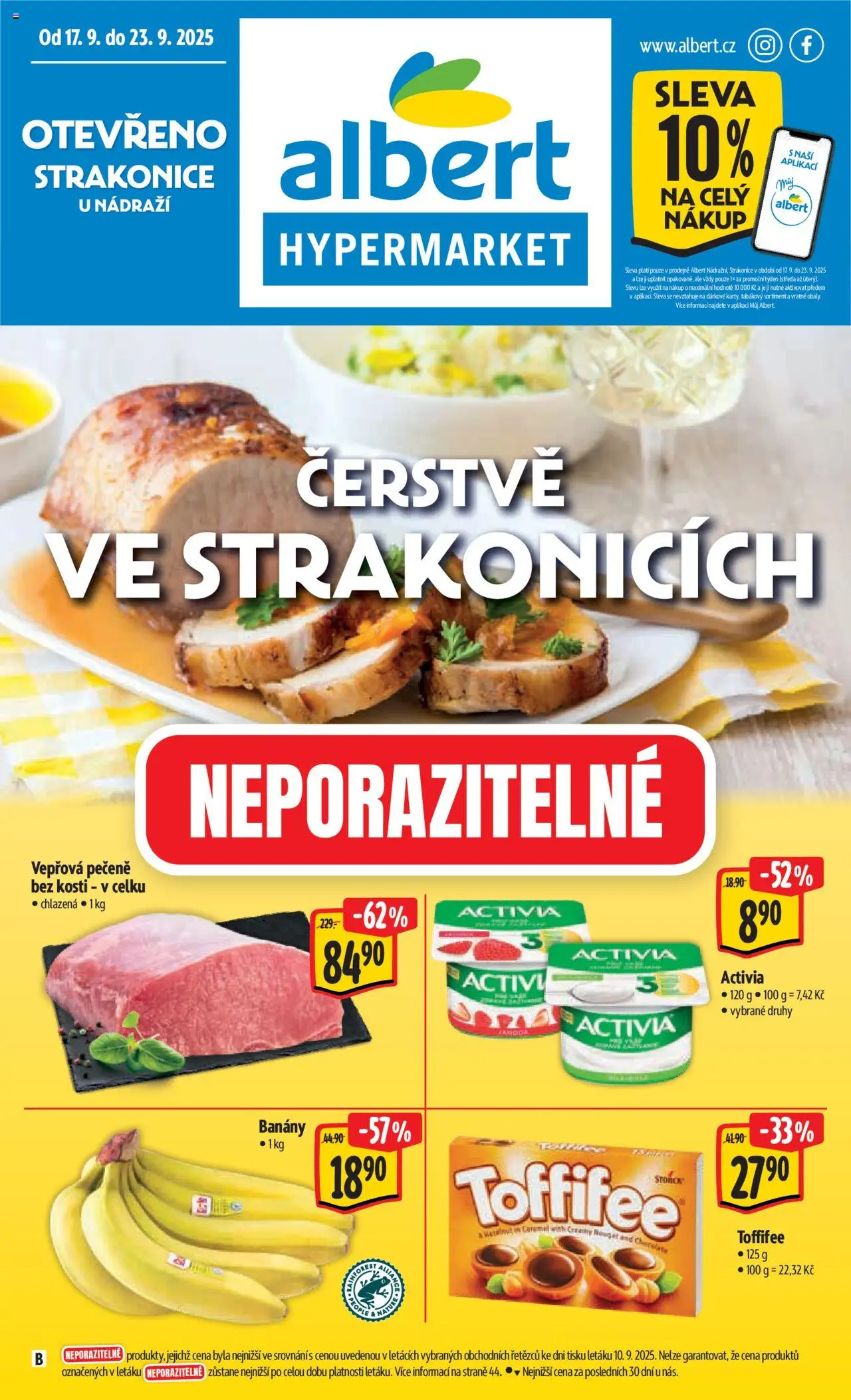 Albert leták - Strakonice od 22.09.2025 | Strana: 1 | Produkty: Vepřová pečeně, Banány, Toffifee