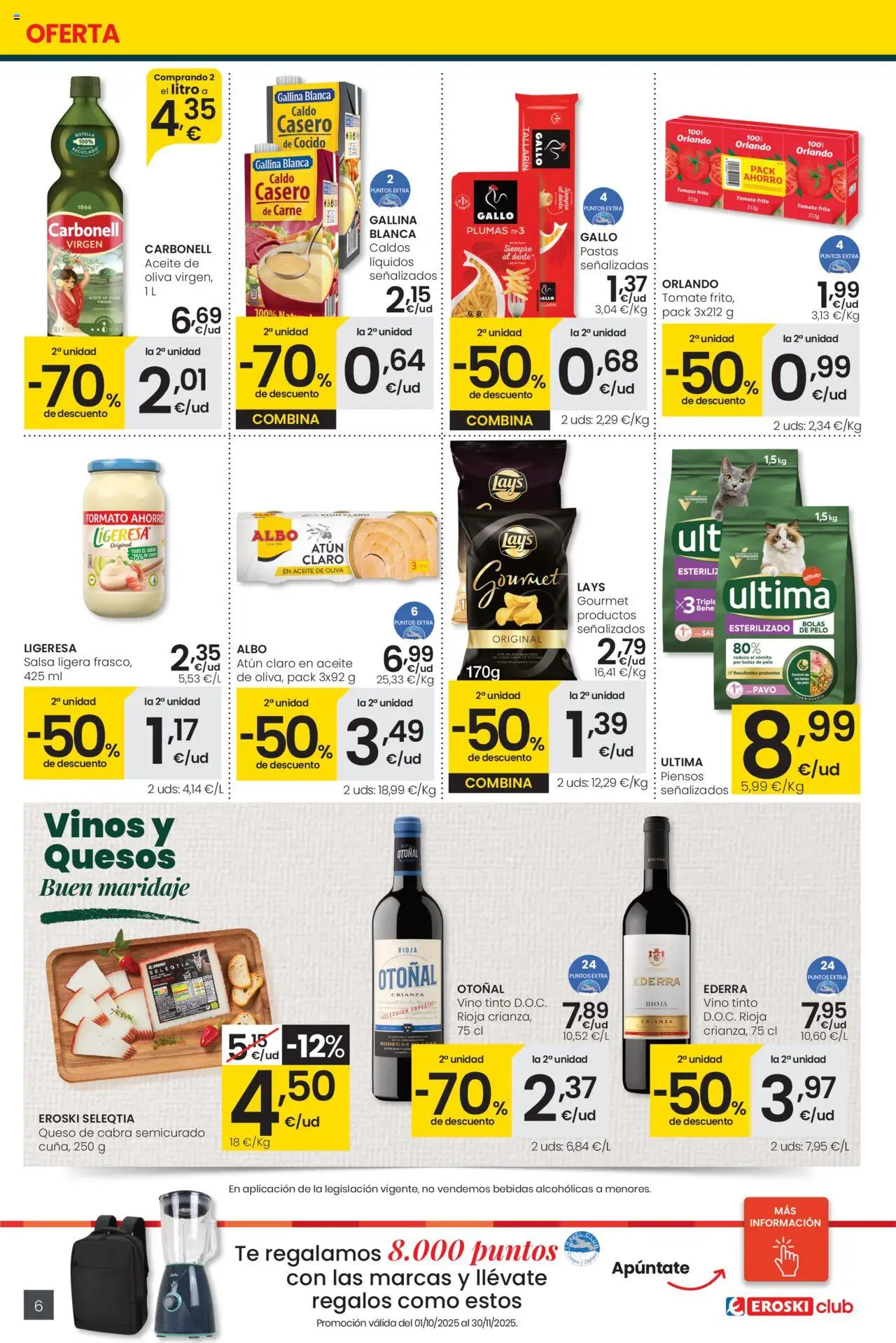 Eroski - Precio más bajo  │ válido desde el 16.10.2025 | Página: 6 | Productos: Queso, Aceite, Vino, Aceite de oliva