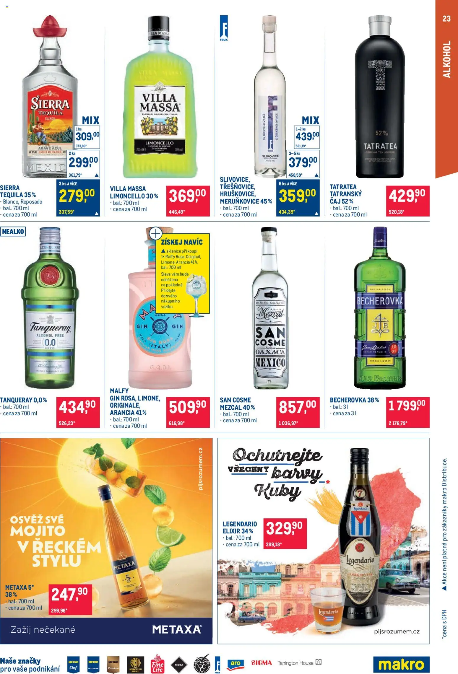 Makro leták - Pro milovníky jídla od 22.04.2026 | Strana: 23 | Produkty: Tequila, Slivovice, Becherovka, Legendario