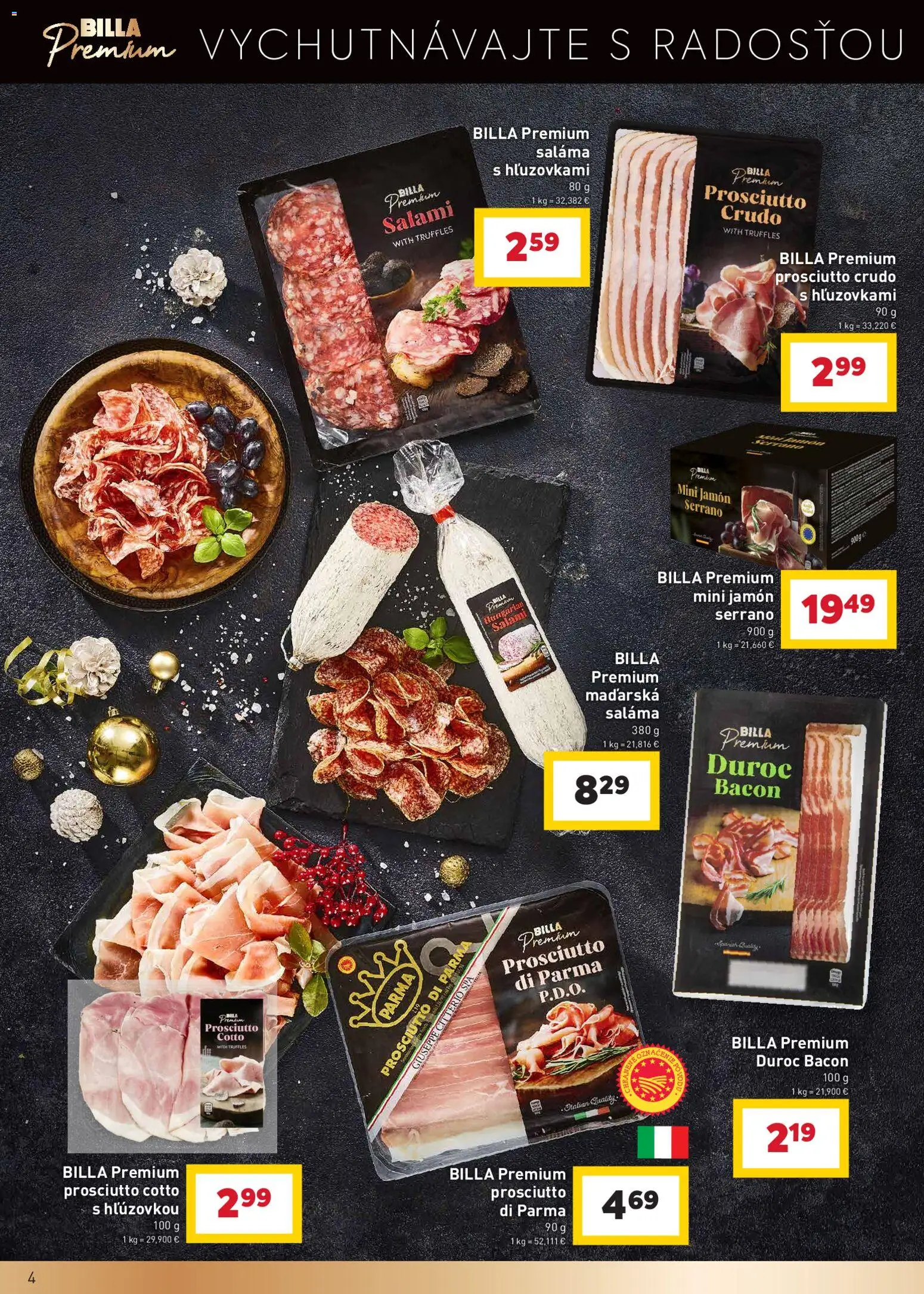 Nové Billa akcie – leták je platný od 10.12.2025 | Strana: 4 | Produkty: Saláma