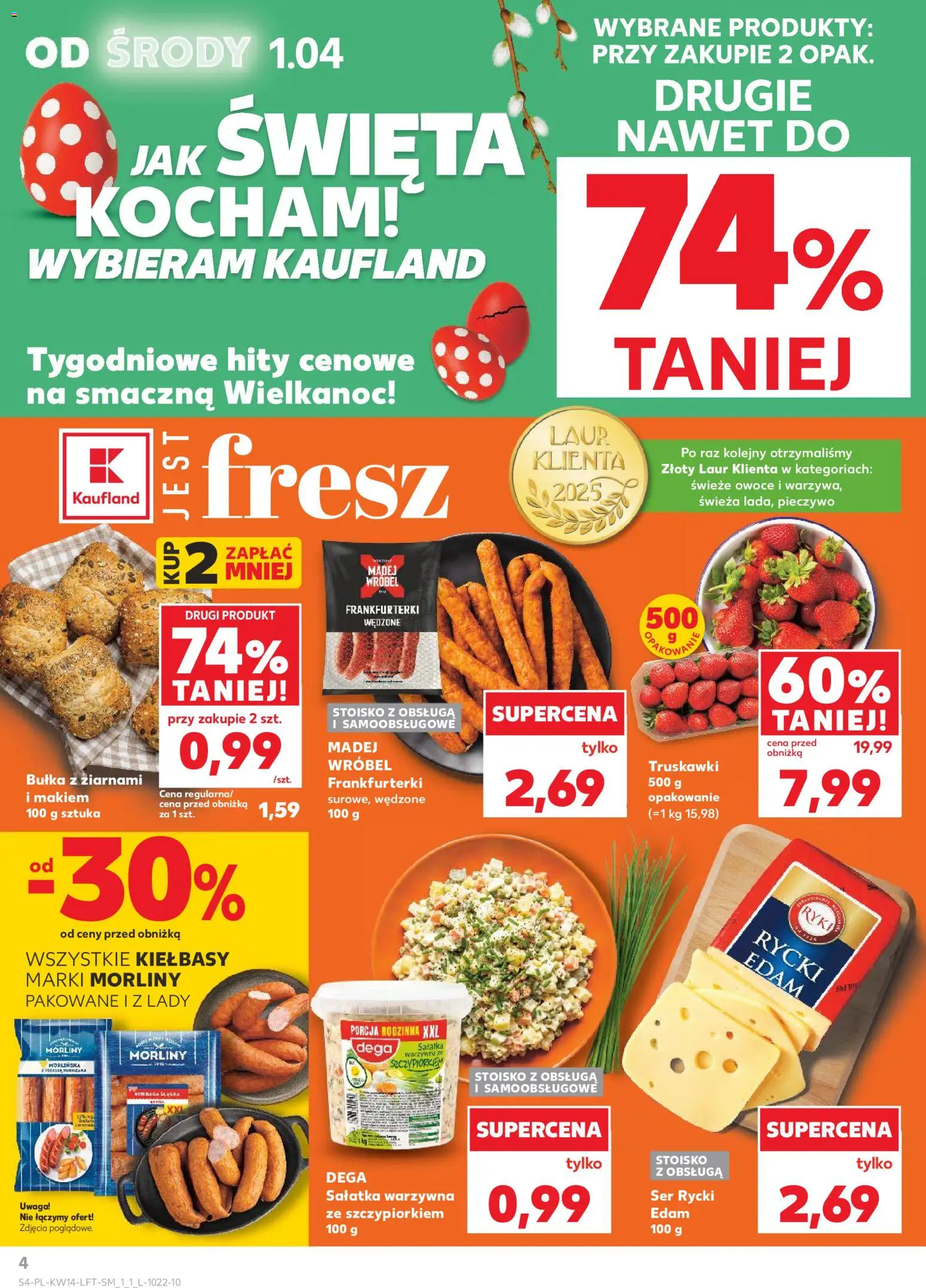 Kaufland gazetka od 01.04.2026 | Strona: 4 | Produkty: Frankfurterki, Bułka, Ser, Truskawki