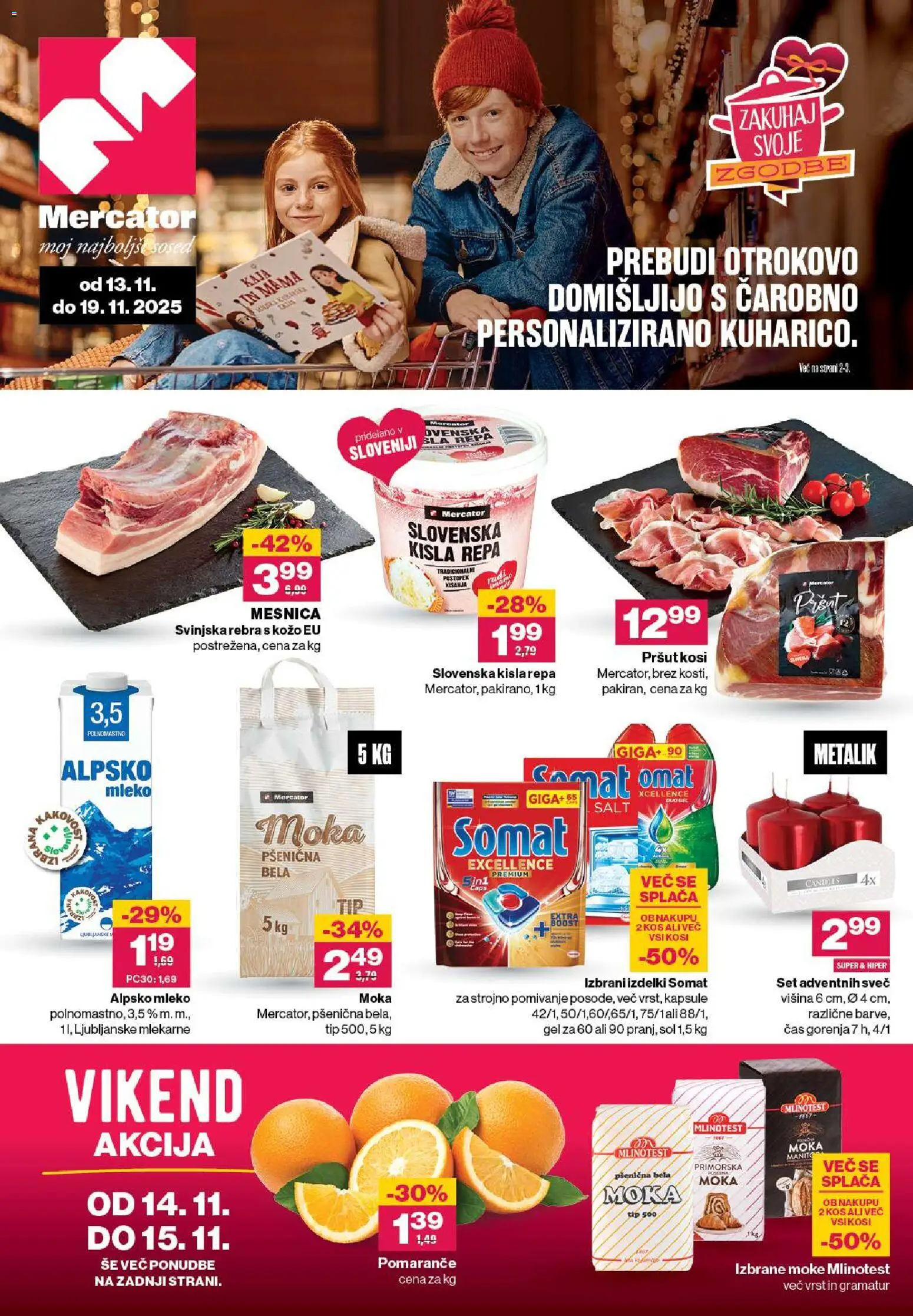Novi Mercator katalog ponudbe – veljaven od 13.11.2025 | Stran: 1 | Izdelki: Moka, Mleko, Pomarance, Sol