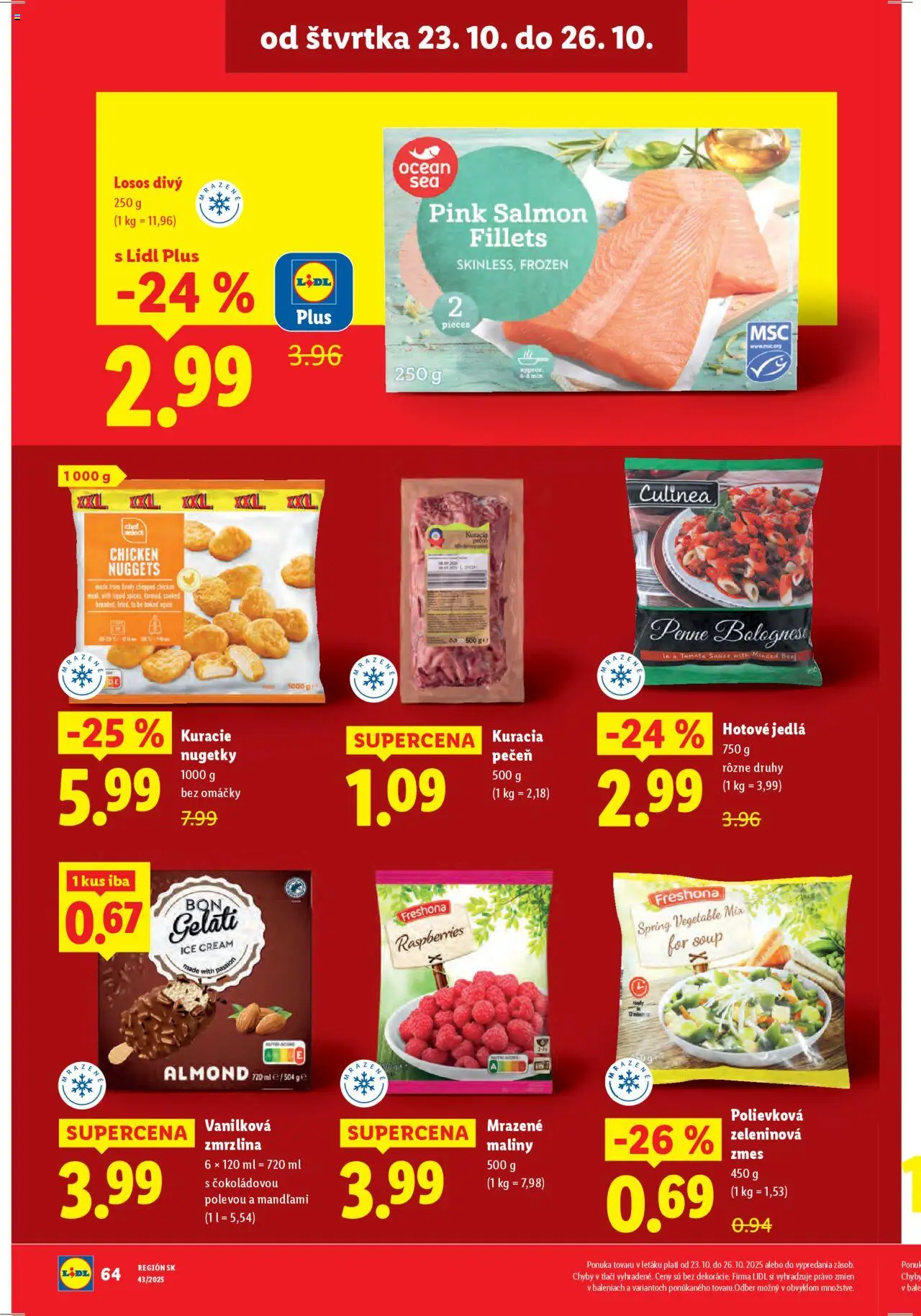 Nové Lidl akcie – leták je platný od 20.10.2025 | Strana: 80 | Produkty: Penne, Zmrzlina, Losos, Maliny