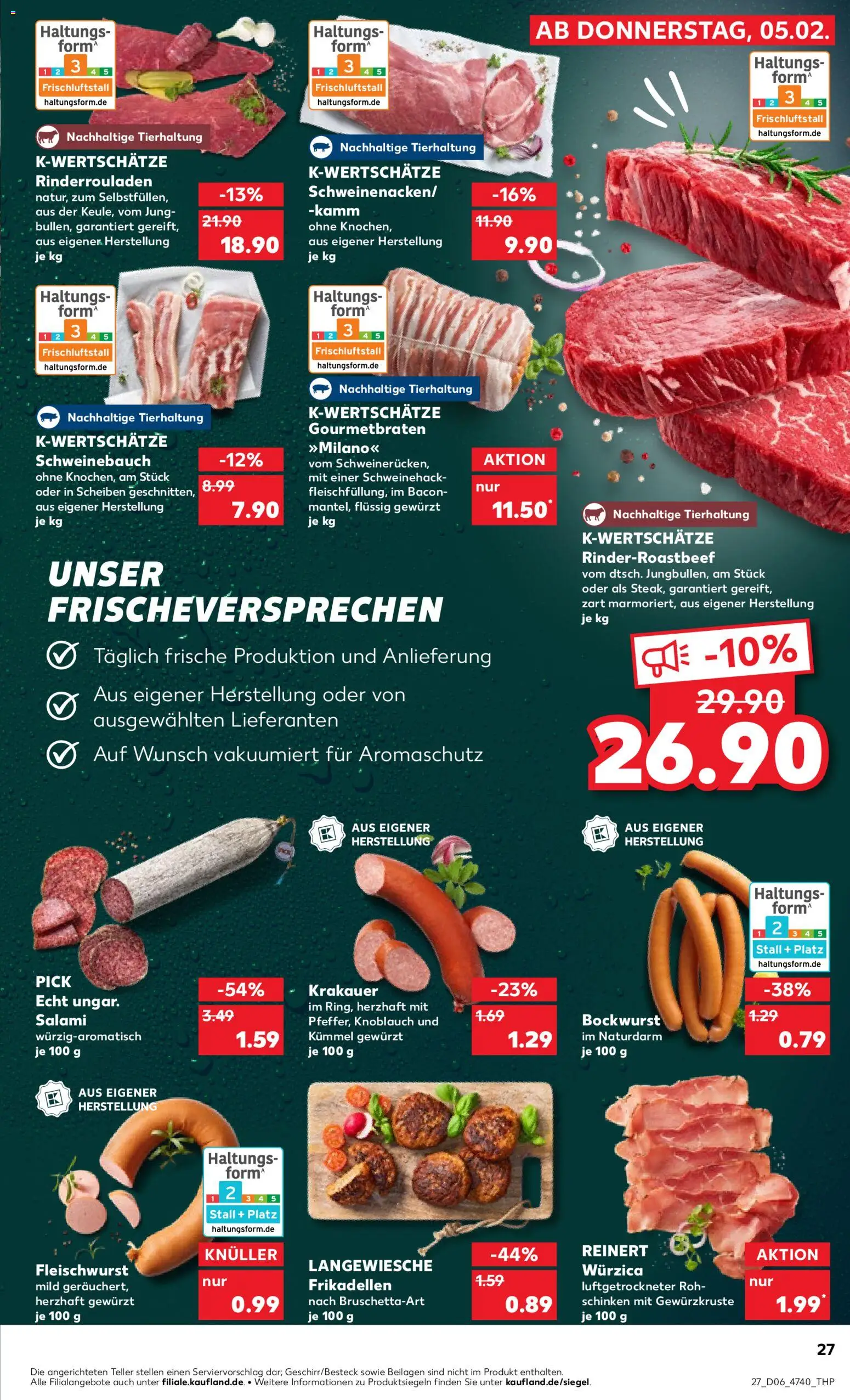 Kaufland prospekt Hannover	 – gültig ab 05.02.2026 | Seite: 27 | Produkte: Rinderrouladen, Schweinebauch, Salami, Schinken