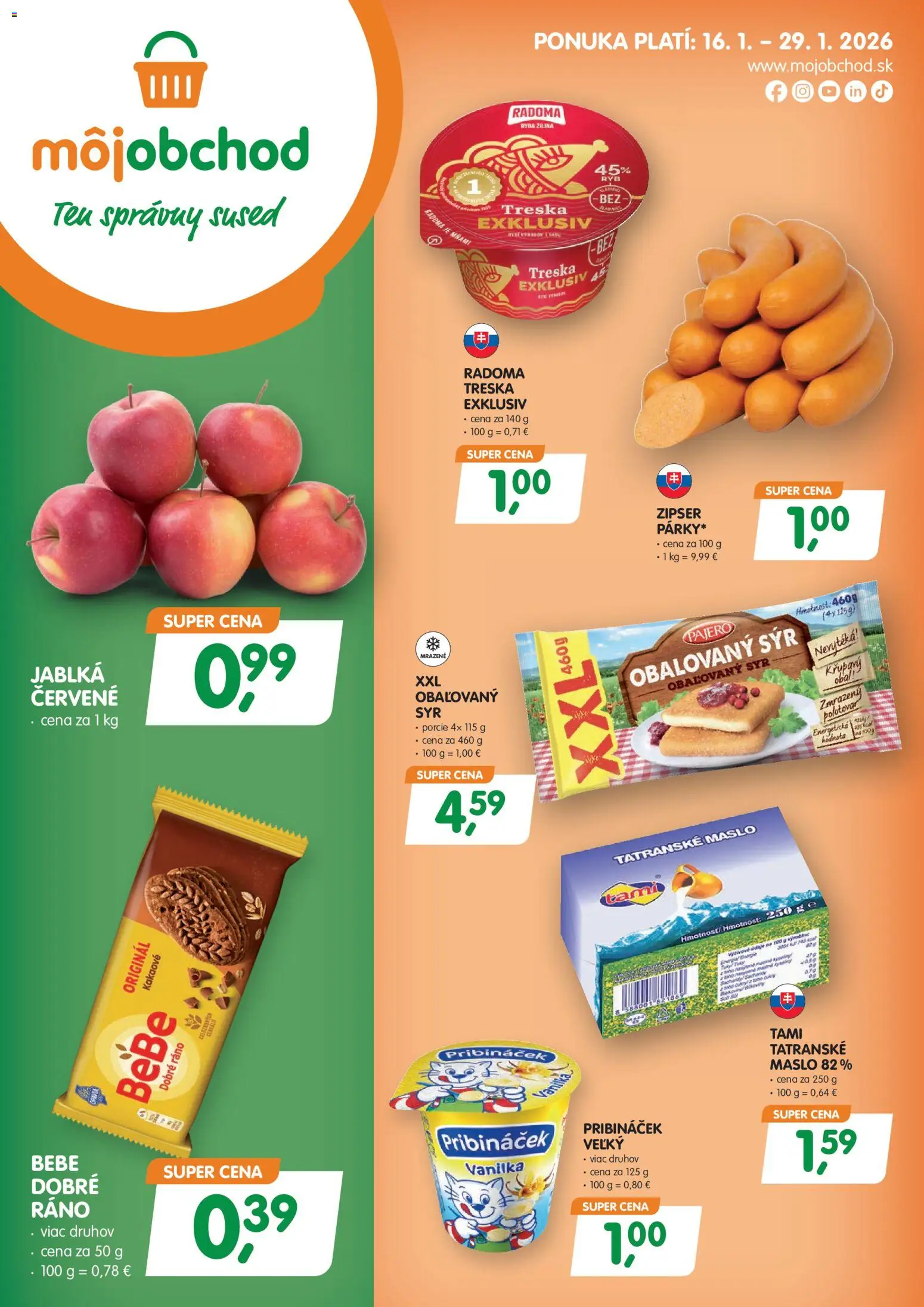 Nové Môj obchod akcie – leták je platný od 16.01.2026 | Strana: 1 | Produkty: Maslo, Jablká, Tatranské maslo, Treska