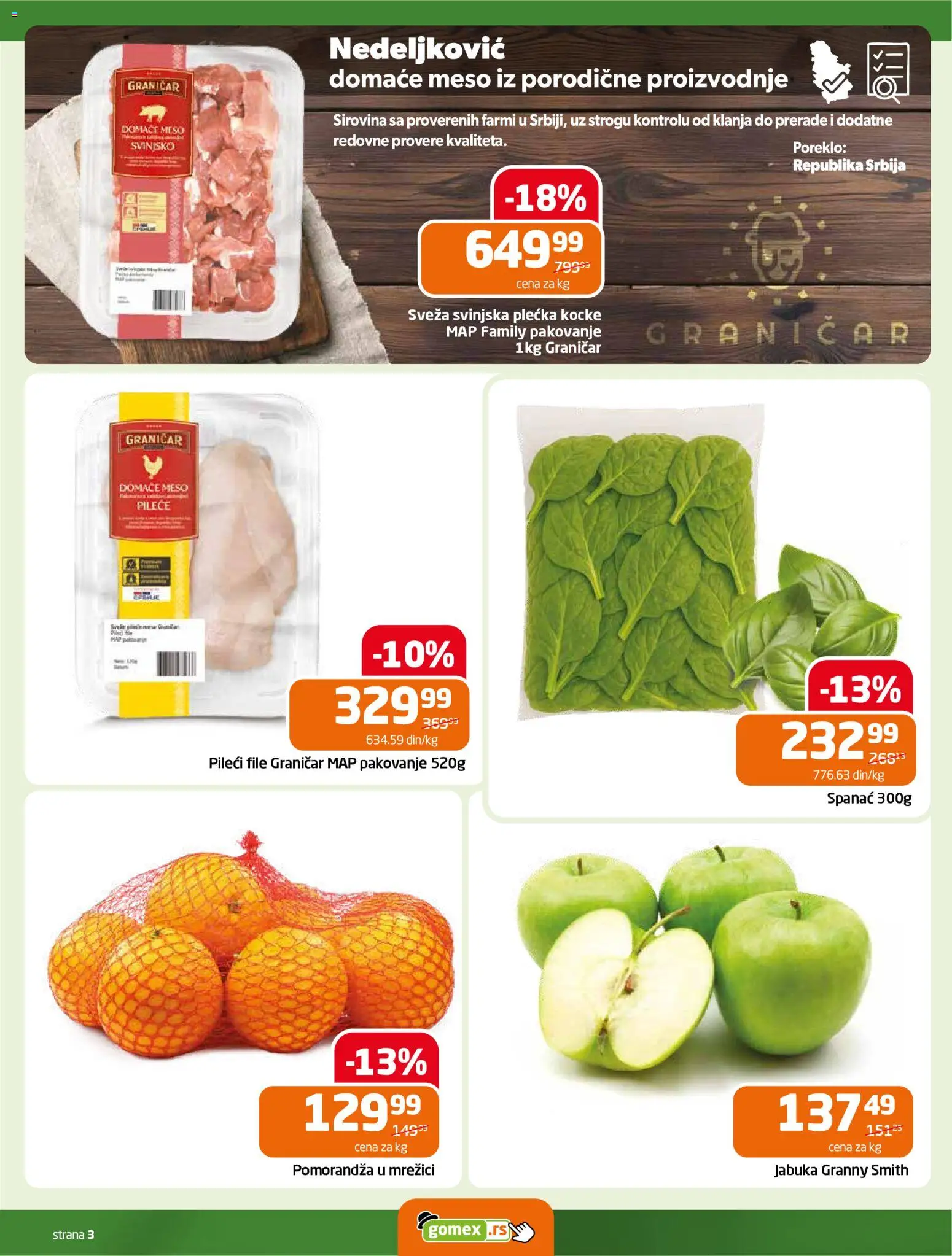 Gomex katalog - važi od 04.03.2026 | Strana: 3 | Proizvode: Spanać, Pileći file, Pomorandza, Pakovanje
