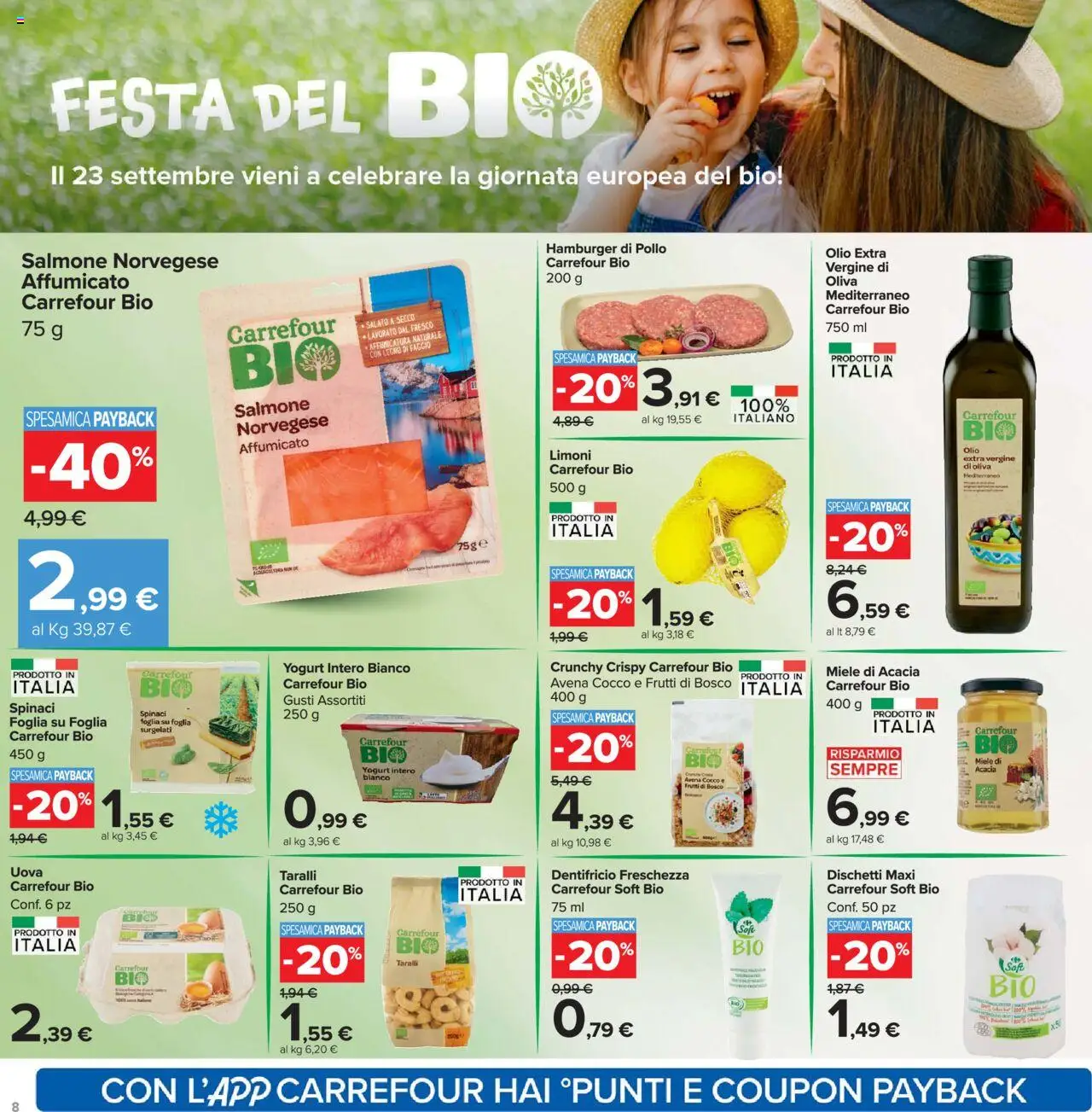 Volantino Carrefour del 15.09.2025 | Pagina: 8 | Prodotti: Salmone, Spinaci, Cocco, Miele