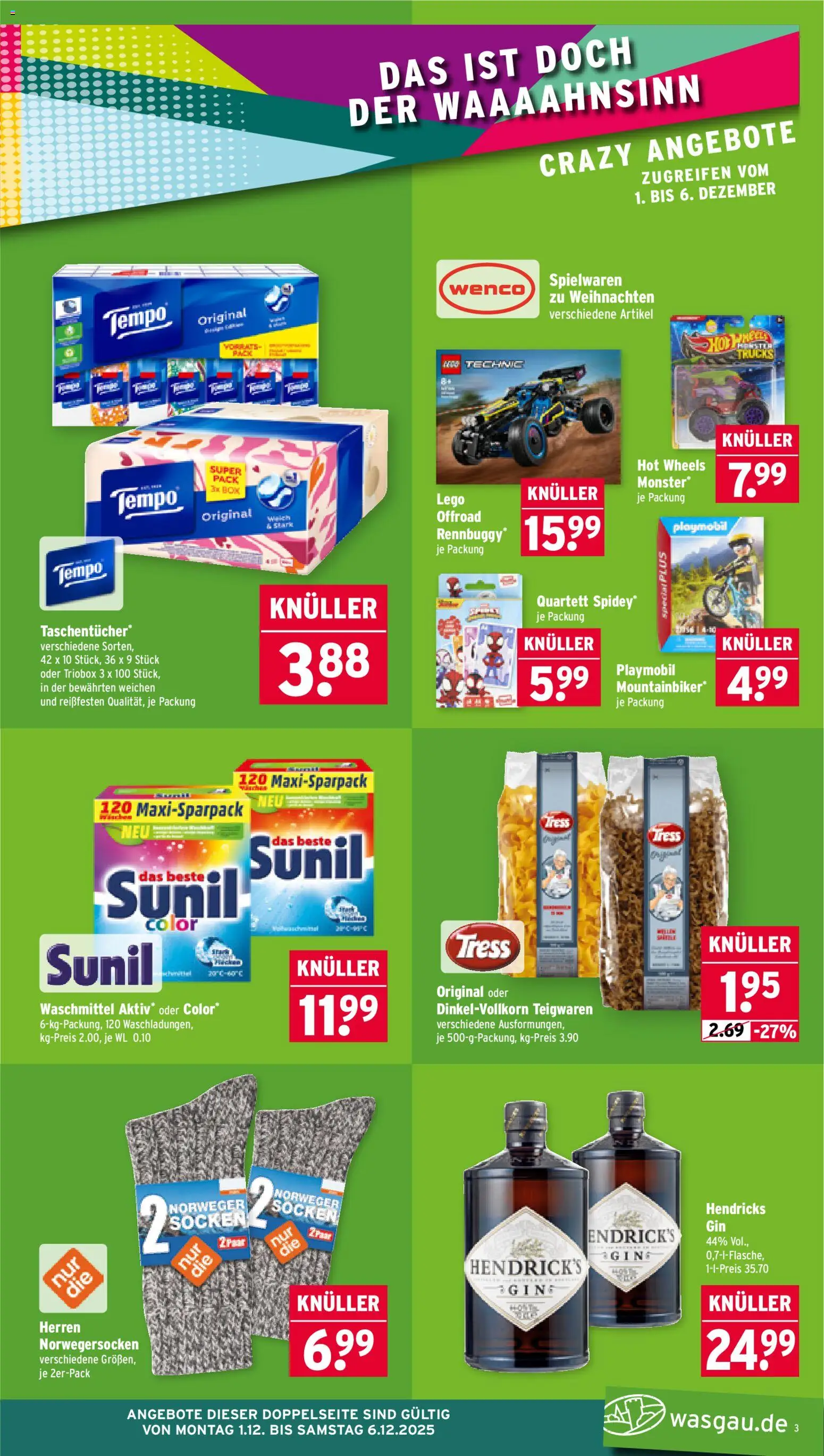 Wasgau Prospekt 	 – gültig ab 01.12.2025 | Seite: 3 | Produkte: Box, Waschmittel, Tempo, Socken