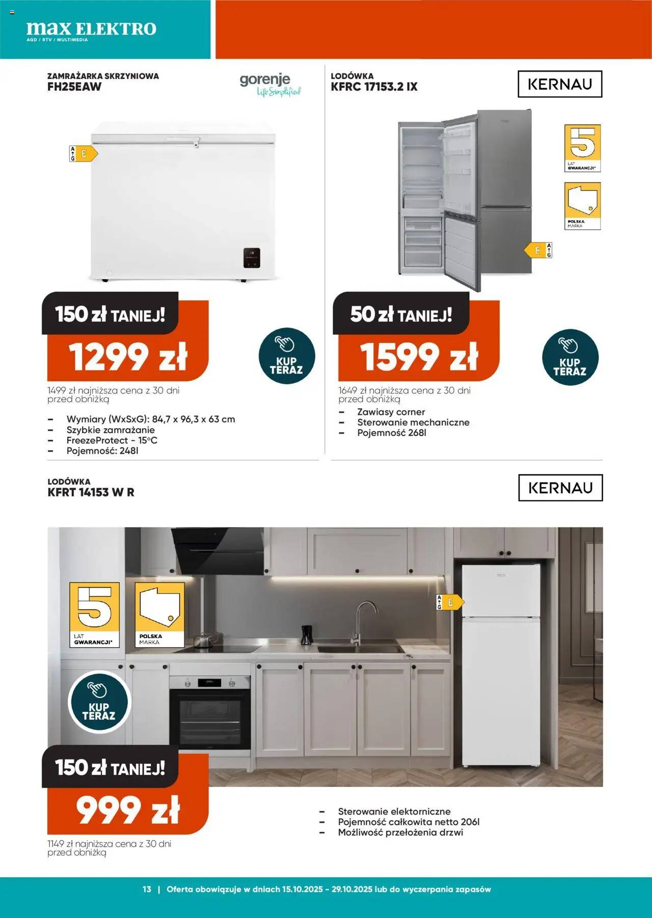 Max elektro Gazetka od 15.10.2025 | Strona: 13 | Produkty: Lodówka, Zamrażarka