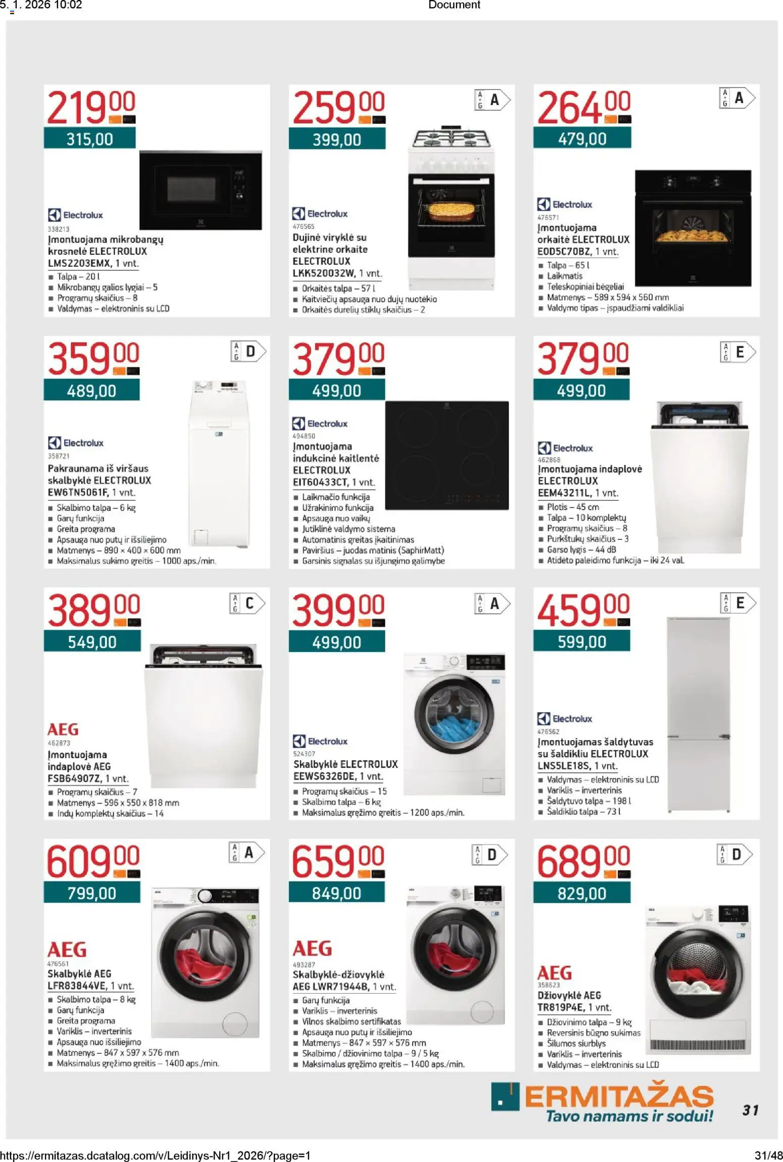 ERMITAŽAS akcijos nuo 05.01.2026 | Puslapis: 31 | Prekių: Šaldytuvas, Džiovyklė, Viryklė, Indaplovė