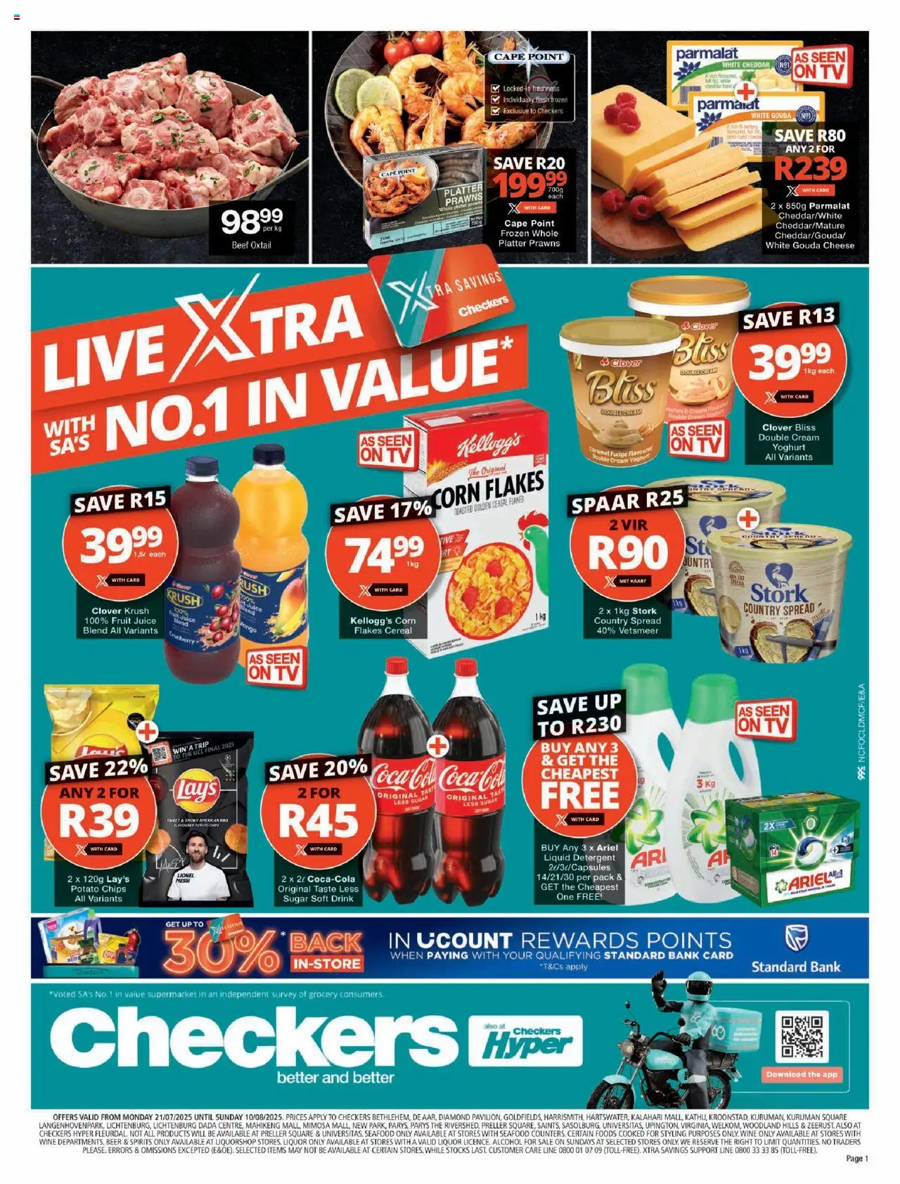 Checkers Northern Cape - July Month-End Promotion │ valid from 21.07.2025 | Page: 1 | Products: Corn, Cheese, Flakes, Detergent