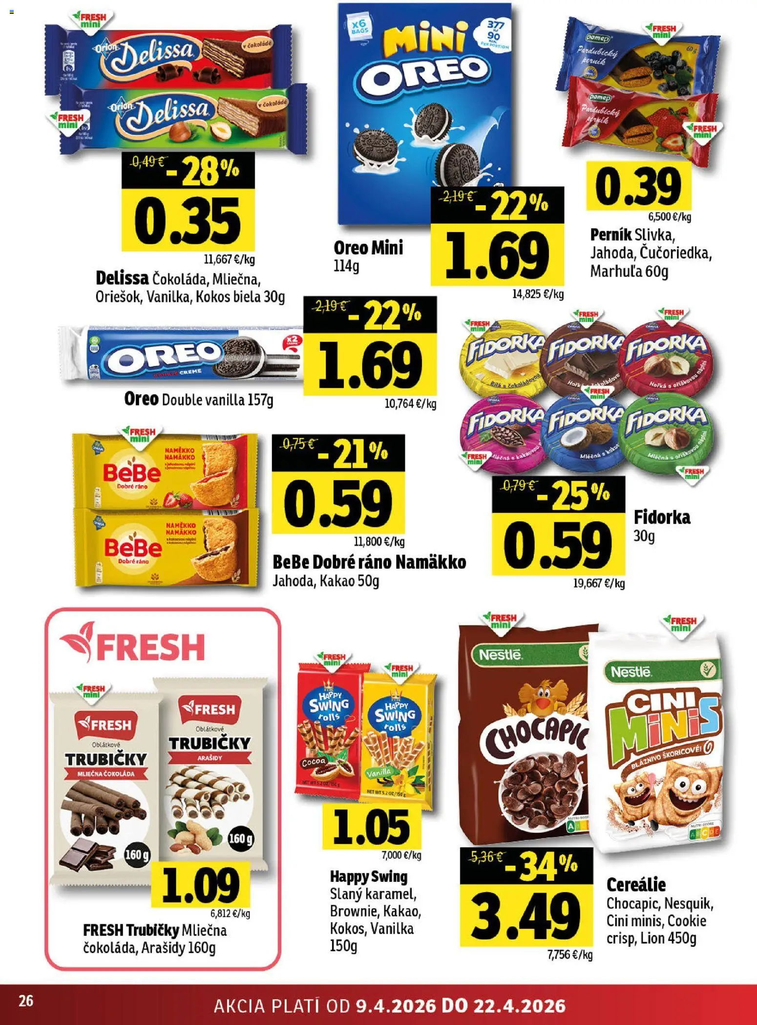 Nové Fresh akcie – leták je platný od 09.04.2026 | Strana: 26 | Produkty: BeBe Dobré ráno, Čokoláda, Chocapic, Kakao