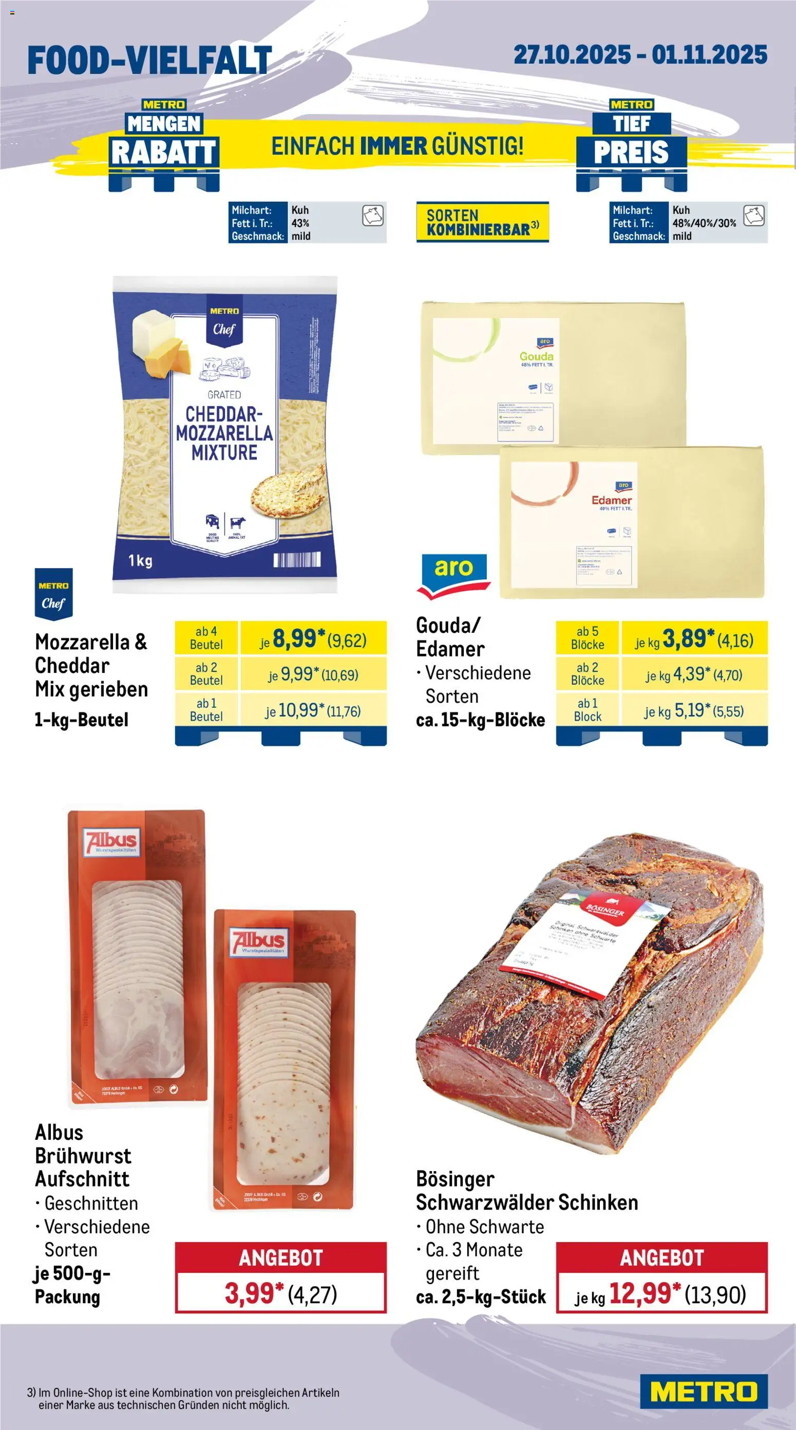 Metro Wochen-Angebote Gastro – gültig ab 27.10.2025 | Seite: 10 | Produkte: Mozzarella, Gouda, Edamer, Schinken