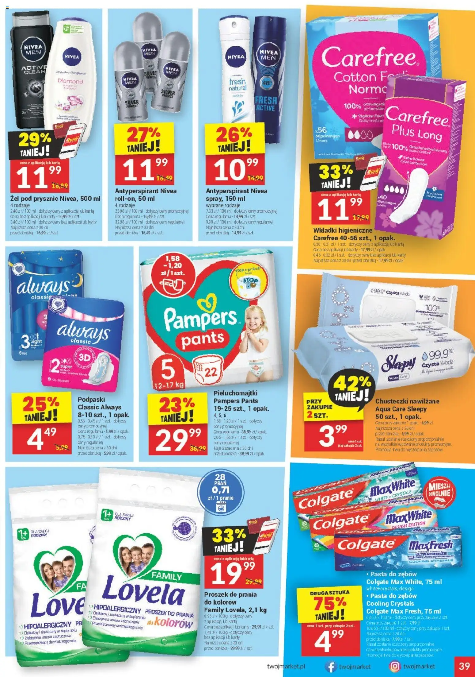 Twój Market gazetka od 28.04.2026 | Strona: 39 | Produkty: Pieluchomajtki, Wkładki higieniczne, Żel pod prysznic, Proszek do prania