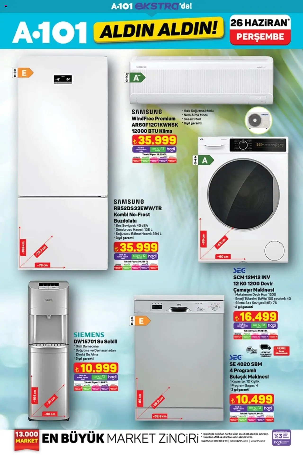 A101 Katalog Aldın Aldın - 26.06.2025 tarihinden itibaren geçerlidir | Sayfa: 15 | Ürünler: Su sebili, Buzdolabı, Bulaşık makinesi, Klima