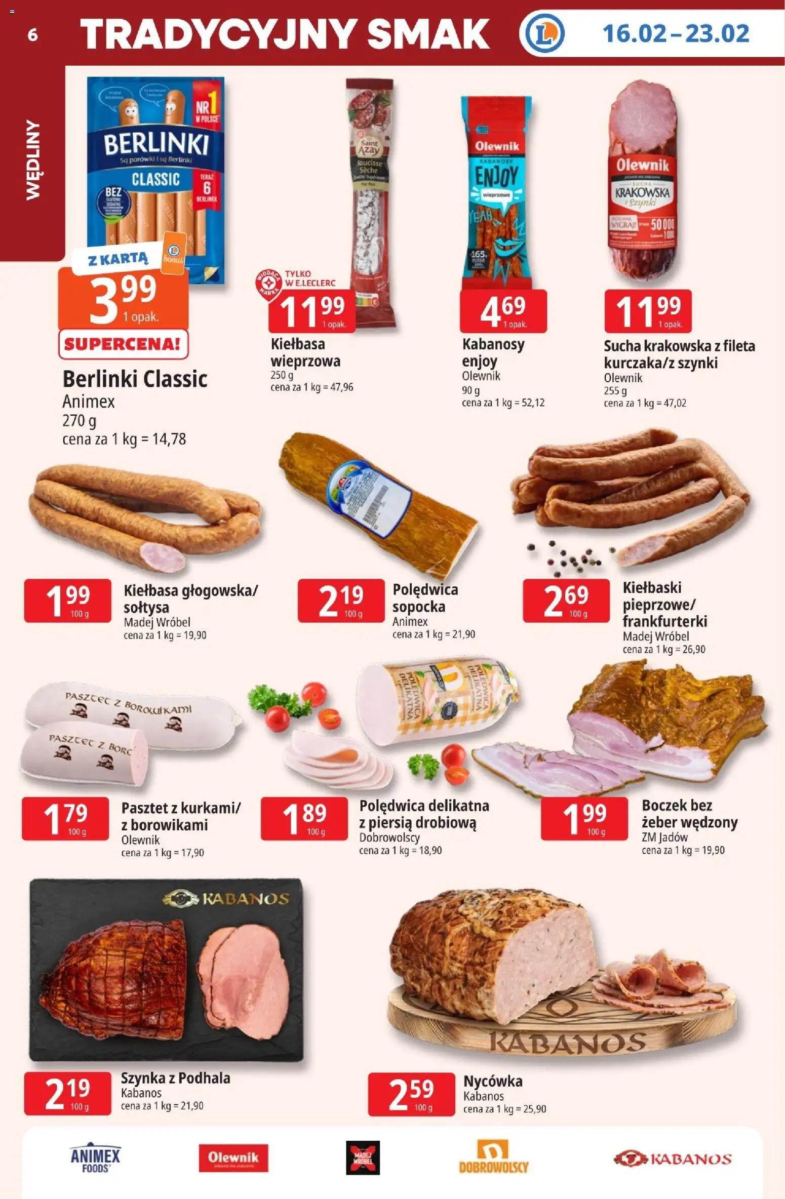 E.Leclerc Gazetka - Wrocław od 16.02.2026 | Strona: 6 | Produkty: Kiełbasa, Karta, Frankfurterki, Kiełbaski